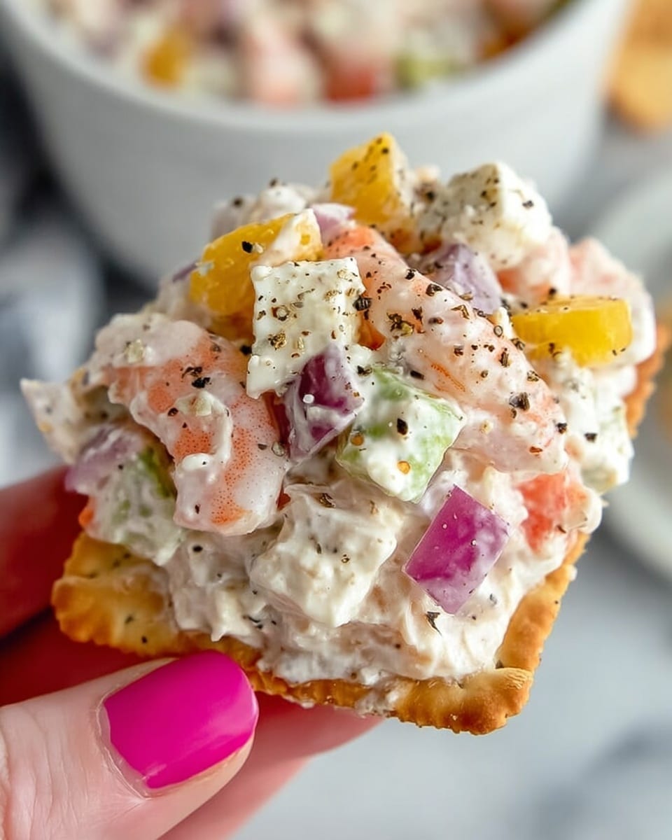 A close-up view of a cracker topped with a thick, creamy salad mixture. The salad has pieces of white cheese, small chunks of pink and red onions, orange shrimp, and bits of yellow pepper, all mixed in a white dressing with visible black pepper sprinkled on top. A woman's hand with pink nail polish holding the cracker is visible at the bottom right. In the background, there is a blurred white bowl containing more of the same salad on a white marbled surface. Photo taken with an iphone --ar 4:5 --v 7