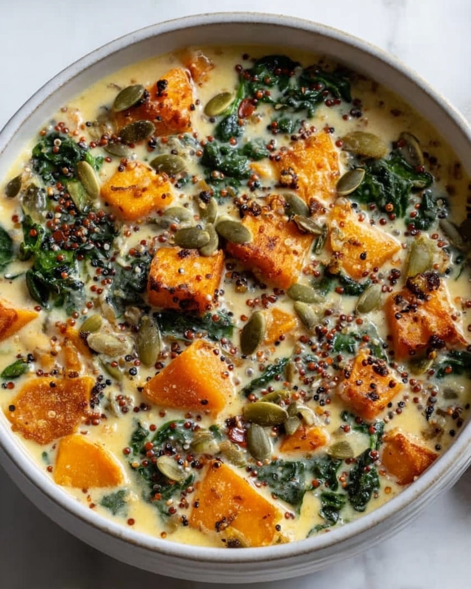 A close-up view of a white bowl filled with a creamy soup that has many chunky pieces. The soup has orange cubes of sweet potato, dark green leafy spinach, light green pumpkin seeds, and small round red quinoa scattered throughout. The creamy base looks smooth and light with some black pepper sprinkled on top. The bowl sits on a white marbled surface. Photo taken with an iphone --ar 4:5 --v 7