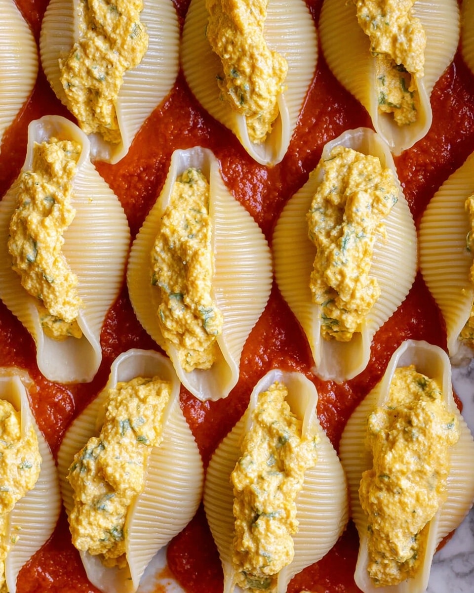 This image shows a close-up view of large white pasta shells stuffed with a yellow creamy filling, arranged in neat rows on a layer of smooth red tomato sauce. The pasta shells have ribbed textures and are open at the top, revealing the thick, slightly grainy filling with small bits of green herbs mixed in. The red sauce beneath the shells provides a bright contrast to the pale shells and their yellow filling. The whole dish is set on a surface with a white marbled texture. photo taken with an iphone --ar 4:5 --v 7
