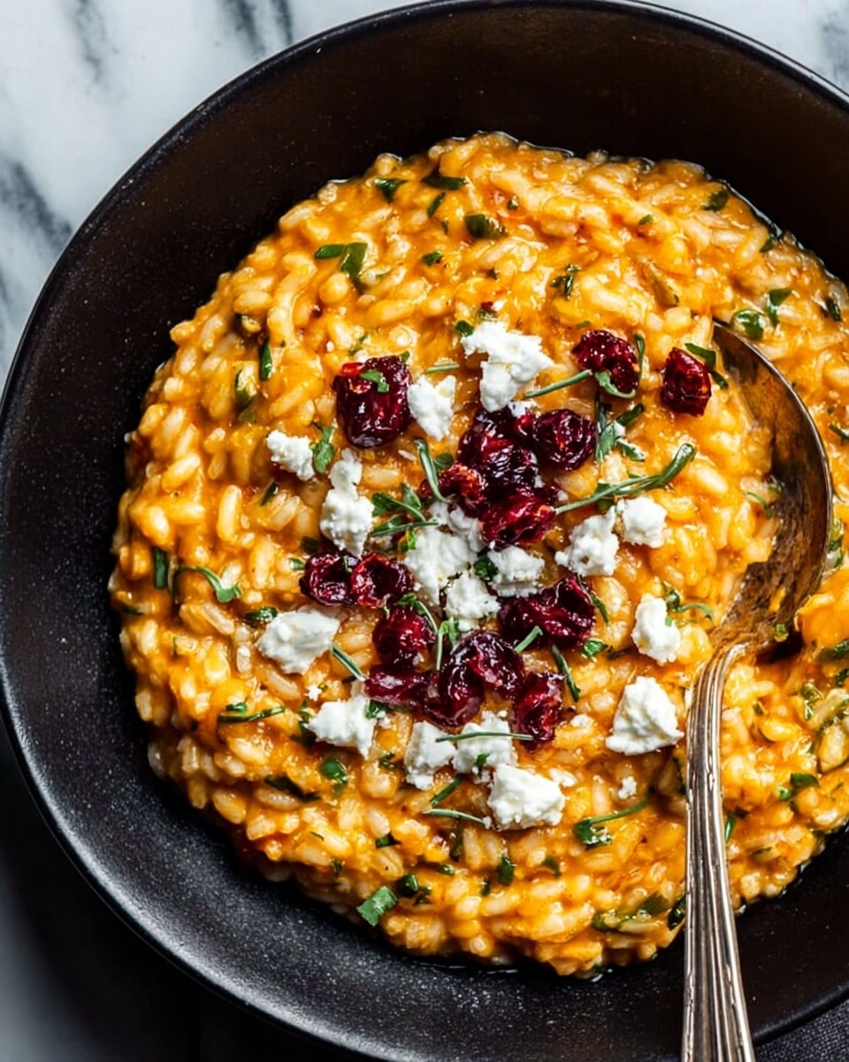 The image shows a black bowl filled with creamy orange risotto that has visible grains of rice mixed with herbs. On top of the risotto, there are scattered white crumbles of cheese and several small, dark red dried berries. A silver spoon is placed inside the bowl on the right side. The background is a white marbled surface. Photo taken with an iphone --ar 4:5 --v 7