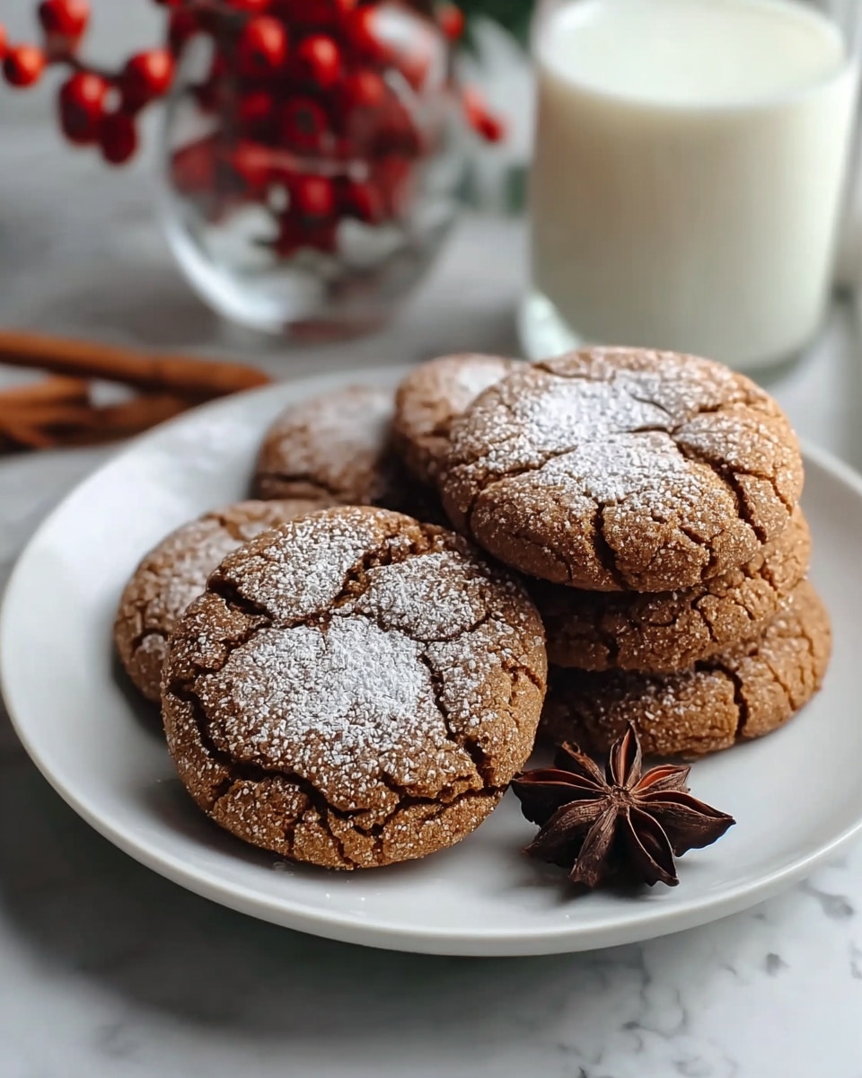 A white plate holds five golden-brown cookies arranged in a slightly overlapping circle. Each cookie has a cracked surface with a light dusting of white powdered sugar in the center, showing a contrast between the sugar and the cookie’s warm hues. The texture of the cookies looks soft and chewy with visible cracks running through them. At the bottom left of the plate, two dark brown star anise pods add a decorative element. The plate is placed on a white marbled surface, creating a clean and simple backdrop. In the background, blurred elements include a glass of milk and a round textured vase with red berries. photo taken with an iphone --ar 4:5 --v 7