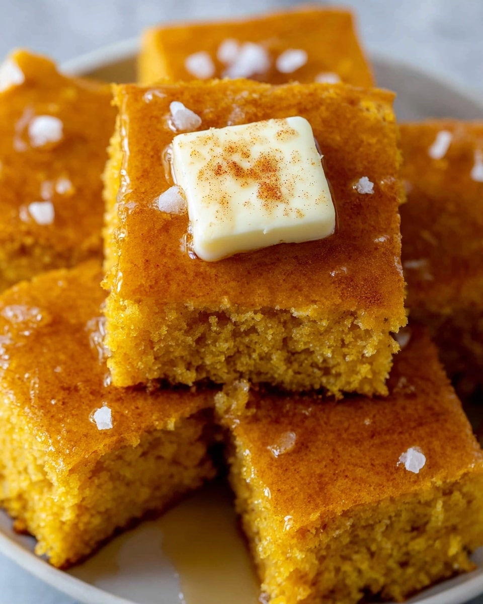 The image shows several square pieces of cornbread with a golden brown color and slightly crumbly texture. On the top center piece, there is a thick, melted square of pale yellow butter with a small sprinkle of spice, sitting on a shiny layer of syrup or honey drizzled over the cornbread, adding a glossy look. The pieces are arranged closely on a white plate against a white marbled background, with some pieces showing texture details and edges clearly. photo taken with an iphone --ar 4:5 --v 7