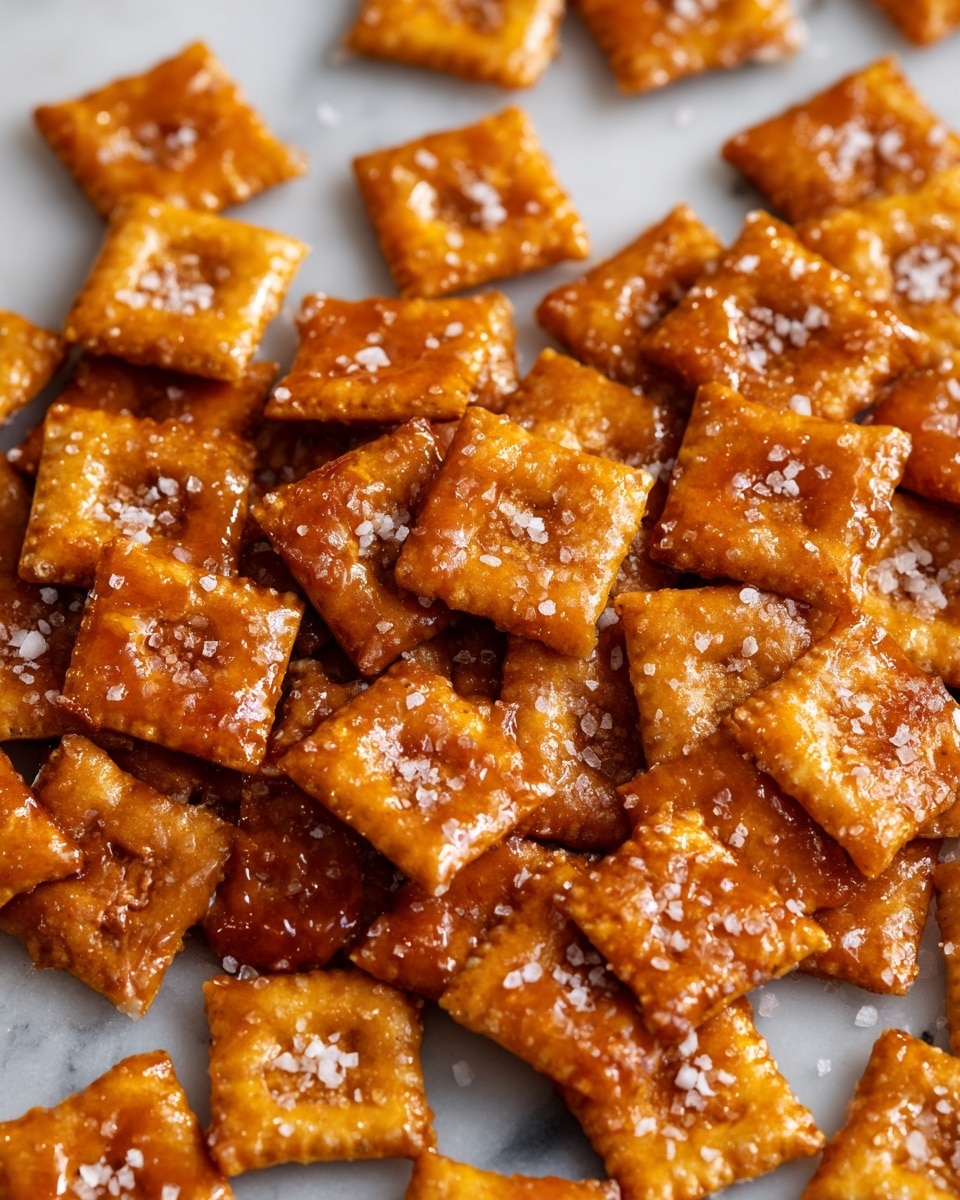 The image shows a close-up of many small square crackers with a golden brown color and slightly rough texture. They are coated with a shiny, sticky caramel glaze that gives them a rich amber hue, and sprinkled with large grains of white sea salt, adding a sparkling contrast. The crackers are piled on a white marbled surface, some overlapping others, creating a textured and layered look. Photo taken with an iphone --ar 4:5 --v 7