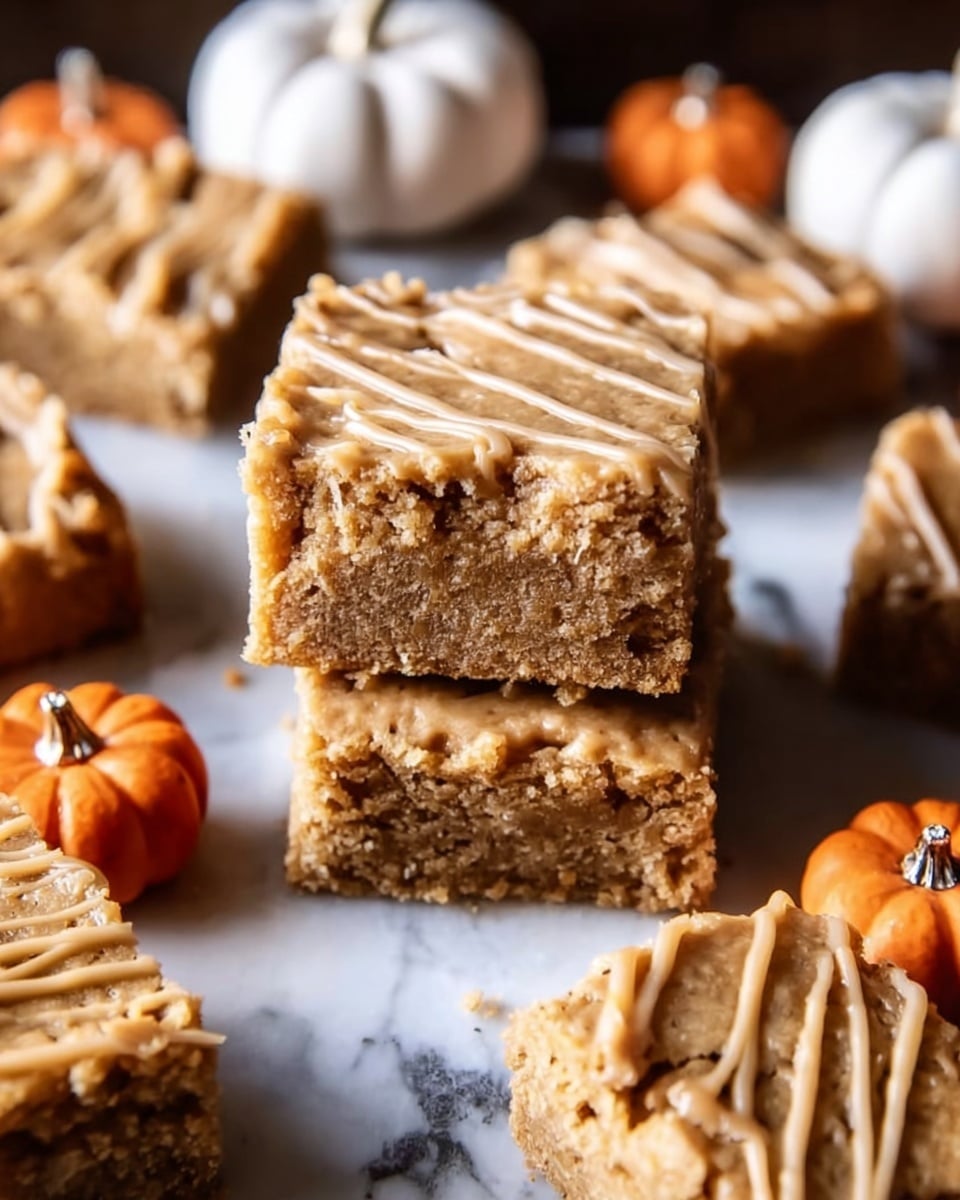 The image shows several square pieces of blondies arranged on a white marbled surface. The blondies have a golden brown top layer with a slightly cracked texture and a smooth drizzle of light caramel-colored icing on top. Two blondie pieces are stacked at the center, highlighting their thick, dense texture. In the background, small white pumpkins and tiny orange decorative pumpkins are scattered around, adding a cozy, autumn feel to the scene. Photo taken with an iphone --ar 4:5 --v 7