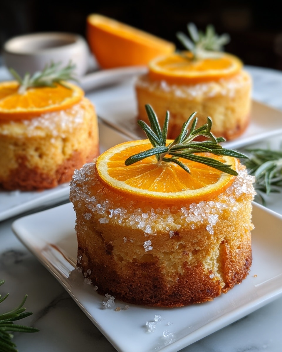 Three small round cakes sit on square white plates over a white marbled surface, each cake has one layer with a crumbly, golden-brown texture. The top of each cake is sprinkled with coarse sugar crystals, adding a sparkling effect. On top of each cake are two bright orange slices arranged side by side, and one cake in the front also has a sprig of green rosemary placed next to the orange slices, adding a fresh touch. The background is softly blurred, highlighting the cakes in the front. Photo taken with an iphone --ar 4:5 --v 7