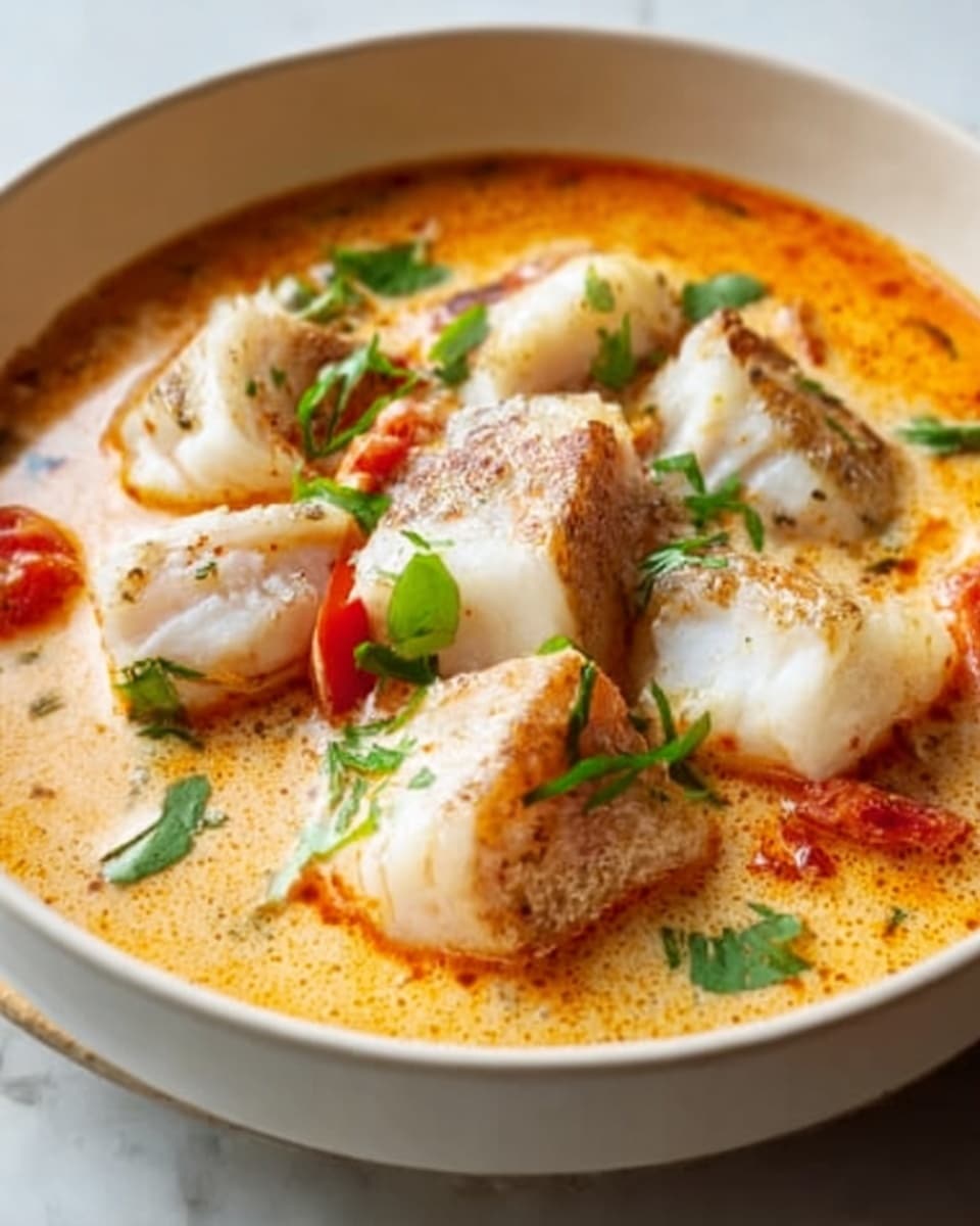 A white bowl filled with a warm, creamy orange soup base that looks slightly thick and smooth. On top of the soup, there are several big pieces of white fish cut into chunks, showing a soft texture with light browning on some edges. Around the fish, small pieces of red tomato add a fresh pop of color. Tiny green leaves are scattered over the dish, giving a fresh and vibrant look. The bowl sits on a white marbled surface with a soft, natural light giving the food a fresh and inviting feel. Photo taken with an iphone --ar 4:5 --v 7
