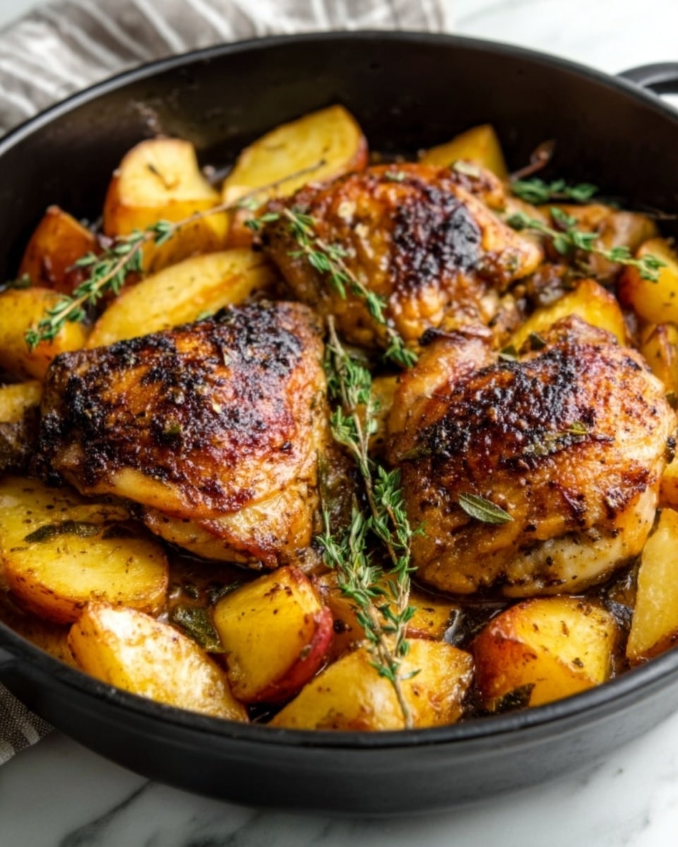 A round black pan filled with two golden-brown roasted chicken thighs sitting on top of a layer of roasted yellow and red baby potatoes cut into halves. The chicken skin looks crispy and is sprinkled with fresh green herbs and small rosemary sprigs. The potatoes have a slightly browned and oily texture. The pan is set on a white marbled surface. Photo taken with an iphone --ar 4:5 --v 7