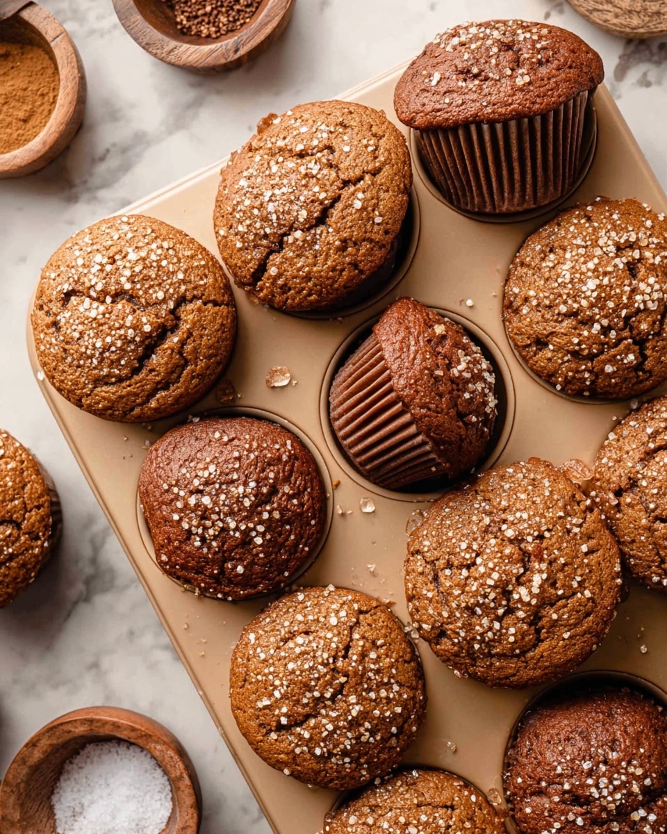 A close-up view of a muffin tray filled with freshly baked muffins, each muffin showing a rich brown color with some topped with golden, coarse sugar crystals that give a sparkling texture. The muffins have a cracked surface, indicating moist and soft insides. The tray is beige, with the muffins snug in their slots, displaying varied heights and roundness. The background shows a white marbled texture and some small bowls with spices blurred at the edges. Photo taken with an iphone --ar 4:5 --v 7