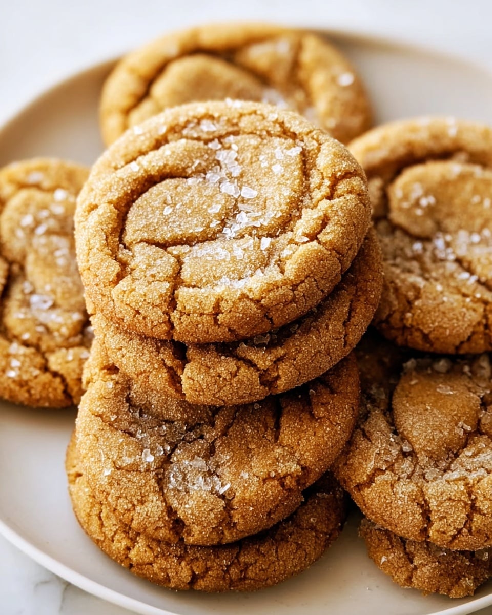 A stack of soft, round cookies with a cracked top texture and a golden-brown color fills a white plate. Each cookie has a slightly darker edge with tiny sugar crystals sprinkled on top, giving a delicate sparkle. The cookies overlap each other, showing their thick, chewy-looking layers. The background is a white marbled surface. photo taken with an iphone --ar 4:5 --v 7