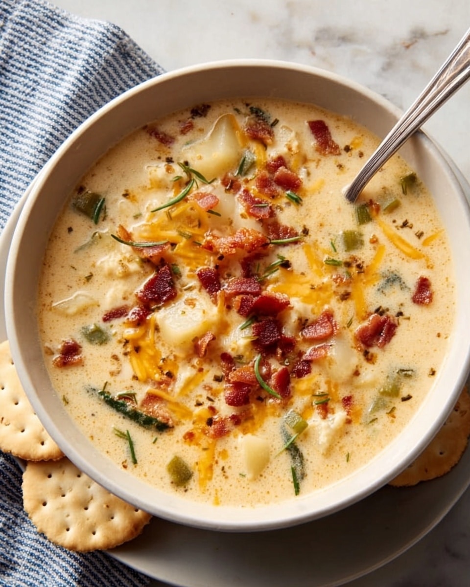 A white bowl filled with thick creamy soup that has visible chunks of light yellow potatoes, white pieces of chicken, and green onions sprinkled on top. There are small crispy brown bacon bits scattered inside along with melted orange cheese drizzled over the surface. Some broken round crackers add a crunchy texture on top. The bowl sits on a white plate with more whole round crackers beside it. A spoon is inside the bowl resting on the edge. The background shows a white marbled surface with a folded cloth nearby and part of a large pot in the corner. photo taken with an iphone --ar 4:5 --v 7