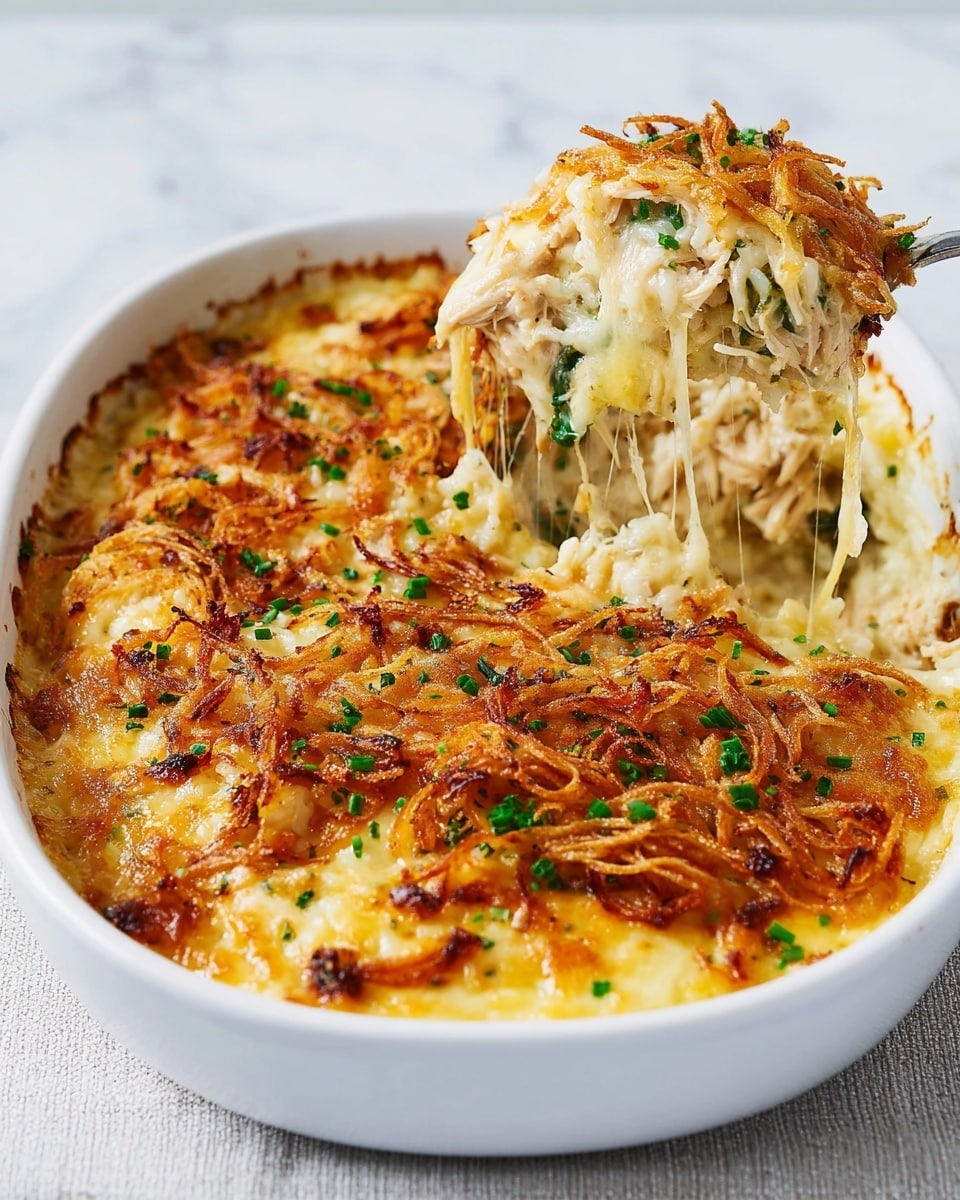 A large white bowl filled with a creamy baked rice dish topped with golden brown crispy fried onions and small green herbs sprinkled on top. The dish has a thick, gooey texture with melted cheese stretching as a spoon lifts a portion. Inside the lifted scoop, visible shredded pieces of chicken are mixed with the creamy rice, creating a rich, textured look. The top layer is crunchy and browned, while the layers underneath appear soft, cheesy, and moist. The bowl sits on a white marbled surface. photo taken with an iphone --ar 4:5 --v 7