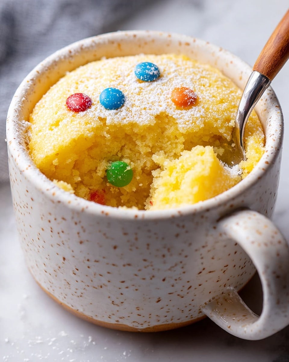 A white speckled mug filled with a single thick layer of bright yellow cake with a soft, fluffy texture, topped with a light dusting of powdered sugar and scattered small round colorful candy pieces in red, green, blue, and orange. A wooden-handled spoon is partially inserted into the cake, with a scoop removed showing the moist inside. The mug sits on a white marbled surface. photo taken with an iphone --ar 4:5 --v 7