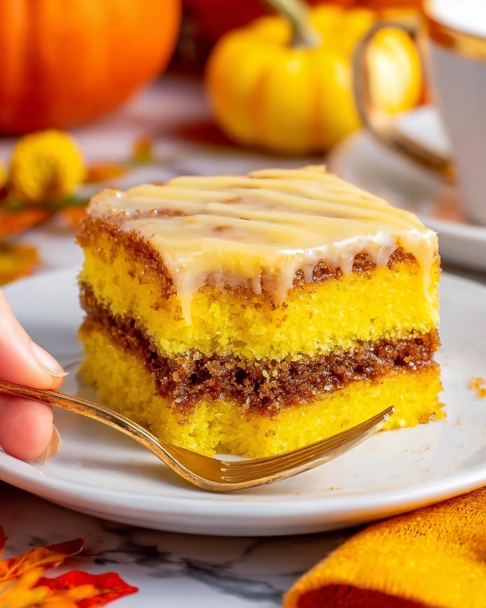 A close-up of a square piece of cake on a white plate featuring two thick yellow layers with a middle layer of brown filling in between, topped with a shiny light glaze. A fork with a piece of the cake is held by a woman's hand on the left side, resting on the plate near the cake. The background includes a white marbled surface, a blurred orange pumpkin, and fall-colored decorations in orange and yellow. Photo taken with an iphone --ar 4:5 --v 7