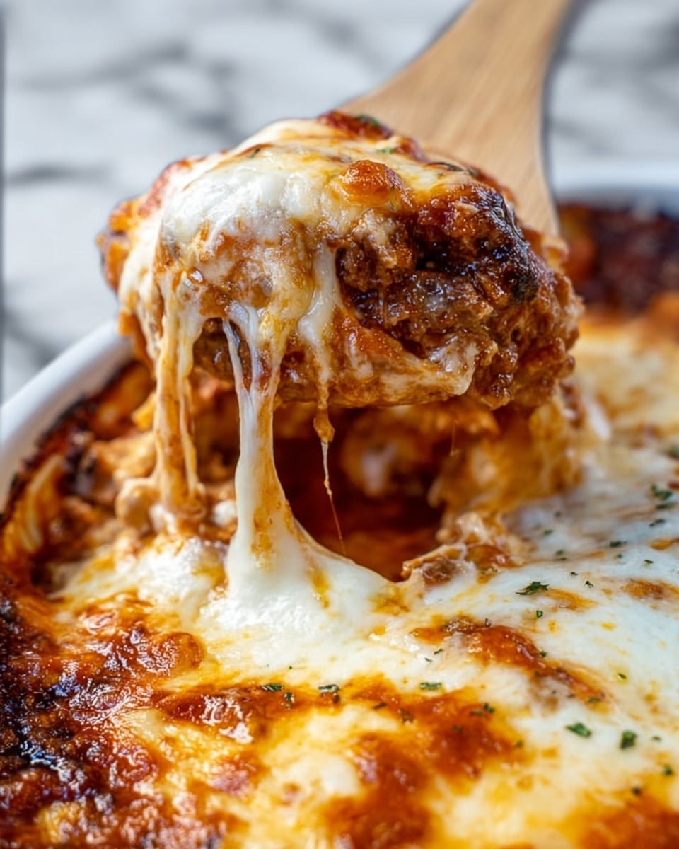 The image shows a close-up of a cheesy baked dish where a wooden spoon lifts one piece revealing four distinct layers: a browned and bubbly top layer of melted white cheese, a glossy and rich orange-red sauce layer just below it, a crispy darker brown layer underneath, and a soft, slightly browned bottom layer. The layers are thick and gooey, with cheese stretching as the piece is lifted, highlighting its melted texture. The dish sits on a white marbled surface. Photo taken with an iphone --ar 4:5 --v 7