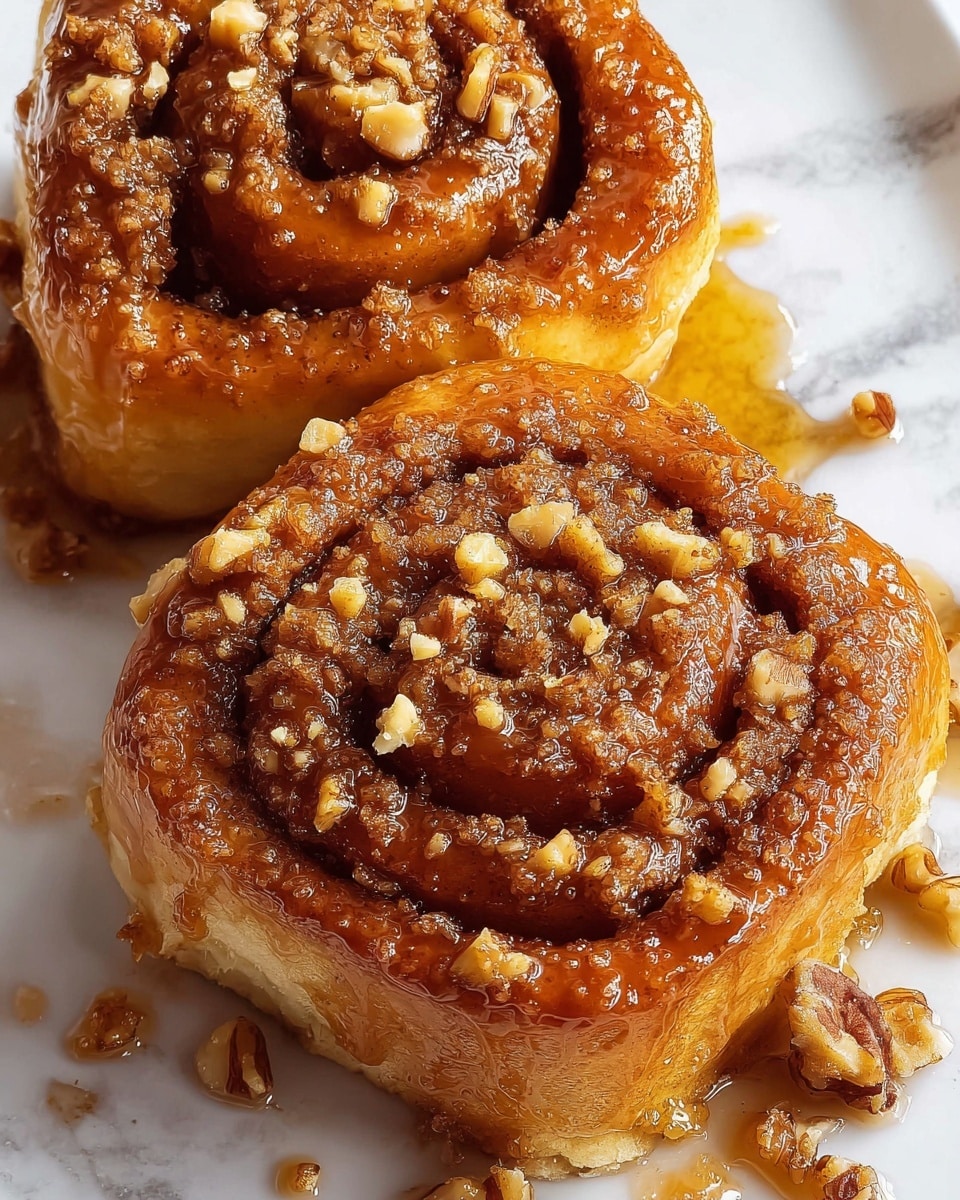 The image shows four sticky cinnamon rolls placed closely on a white marbled surface, with one roll partially cut and the inside layers visible. Each cinnamon roll has multiple tightly wound layers of golden-brown dough with a shiny, gooey caramel glaze covering the top, dripping slightly onto the surface. The rolls are sprinkled with small pieces of walnuts, adding a textured contrast to the smooth glaze and soft dough. The overall look is warm, glossy, and inviting with a rich golden hue. Photo taken with an iphone --ar 4:5 --v 7