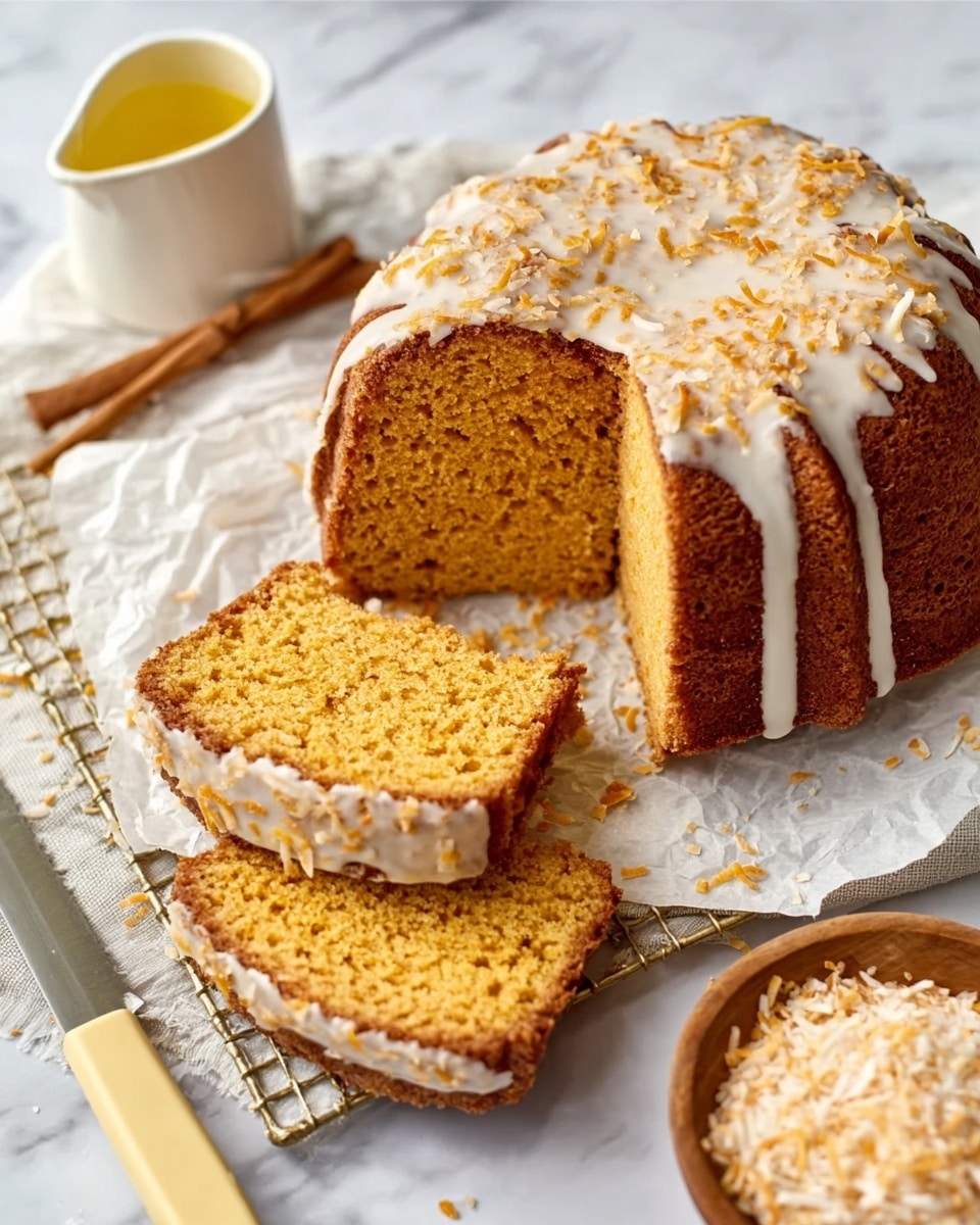 A round bundt cake with a golden brown outside and a moist yellow inside is covered with a thick layer of white icing that drips down the sides. The cake sits on a round wire rack lined with white paper, and one thick slice is cut out and placed leaning against the cake, showing the soft inside texture; two other smaller pieces are nearby. Small orange bits and shredded white coconut are sprinkled on top of the icing. A knife with a light wooden handle rests beside the cake on a white marbled surface. To the right, there is a small white cup filled with yellow liquid and a wooden bowl filled with shredded white coconut in the background. In the left background, part of a white plate with a slice of cake is visible, and a beige textured cloth is placed beside it. photo taken with an iphone --ar 4:5 --v 7