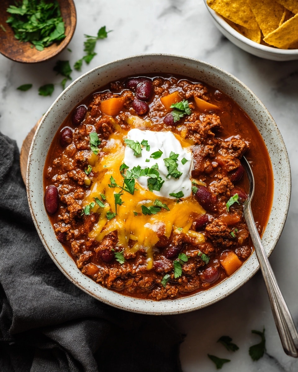 A white speckled bowl filled with thick chili showing multiple layers: a base of dark brown ground meat mixed with red kidney beans and chunks of orange bell pepper, all in a rich reddish-brown sauce. On top, there is a layer of melted yellow cheese, a dollop of white sour cream, and scattered green chopped cilantro. A silver spoon rests inside the bowl on the right side. Nearby, white marbled texture beneath holds some scattered green cilantro leaves, a dark gray cloth napkin on the left, and a white bowl with yellow tortilla chips in the top right corner. photo taken with an iphone --ar 4:5 --v 7