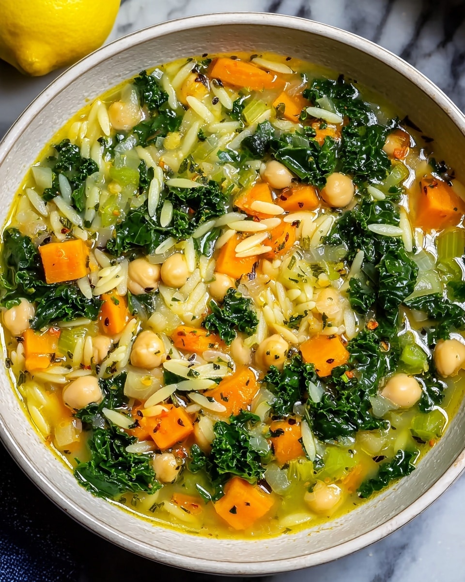 A top view of a bowl filled with a colorful soup that has many layers and textures; the base layer is a light yellow broth dotted with bright orange carrot cubes and pale green celery pieces, mixed with small white beans and chickpeas. Bright green kale pieces float evenly throughout, adding a vibrant contrast. Small, tender orzo pasta grains are scattered all over, giving a soft texture among the vegetables and beans. The bowl is white and placed on a white marbled surface, with part of a lemon visible near the edge. The whole image is bright and clear, showing the fresh ingredients and slight sheen of the broth. photo taken with an iphone --ar 4:5 --v 7