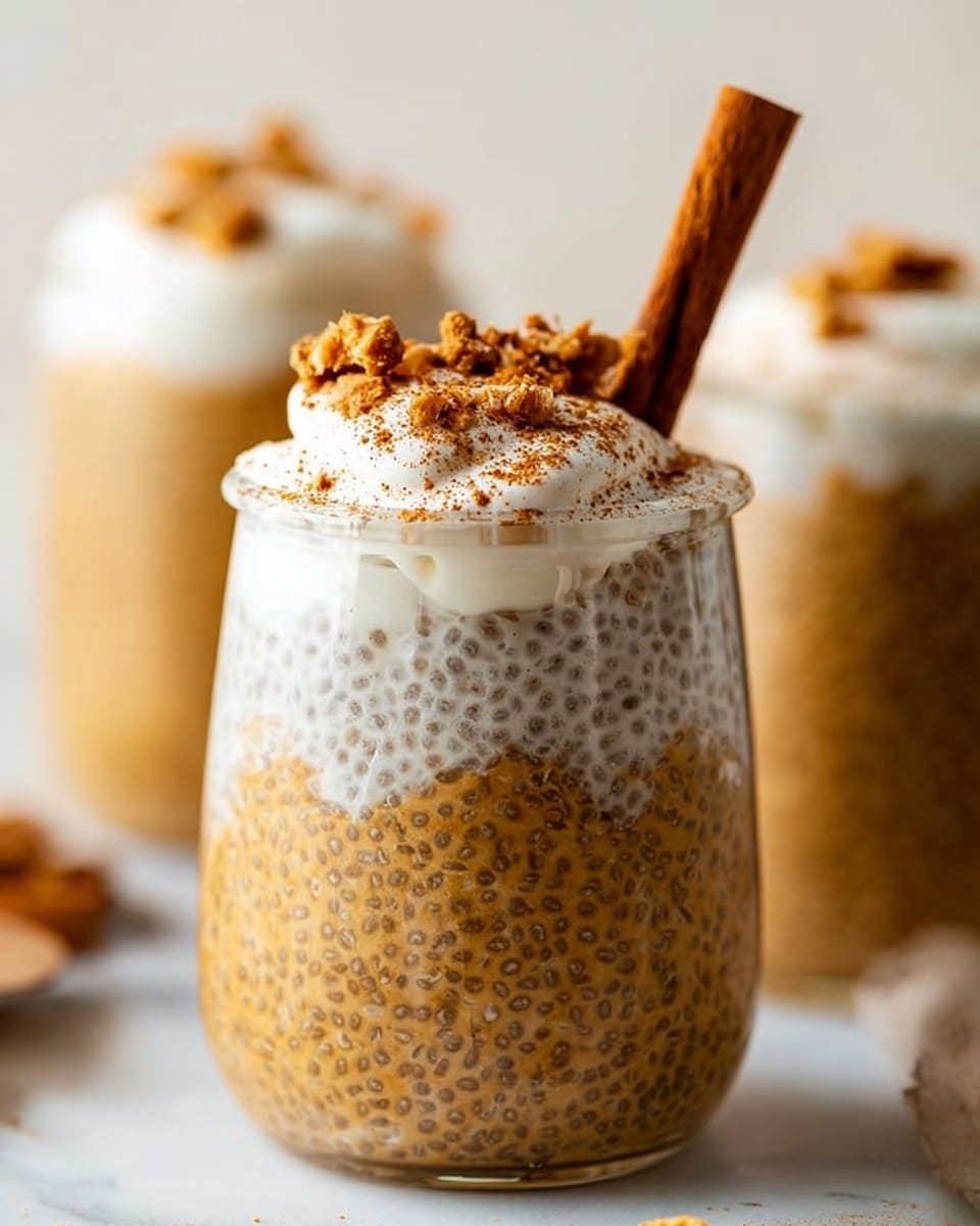 A clear glass jar filled with three layers is placed on a white marbled surface. The bottom and main layer is a creamy golden-brown chia pudding with visible chia seeds spread evenly throughout. On top of this is a thick, white whipped cream layer sprinkled lightly with brown cinnamon powder and small crumbled pieces of granola. A cinnamon stick stands upright, partially submerged in the pudding, leaning slightly against the jar’s edge. The background is softly blurred and shows two similar jars, giving a cozy feel. photo taken with an iphone --ar 4:5 --v 7