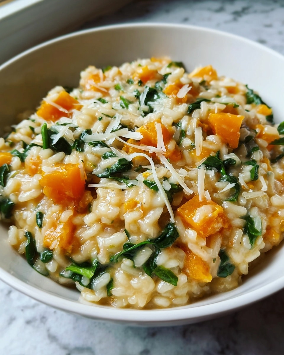 A close-up of a white bowl filled with creamy risotto, which has about three layers mixed together: soft, shiny light yellow rice grains, bright orange cubes of cooked pumpkin, and dark green spinach leaves evenly spread throughout; some grated cheese strands are scattered on top, giving a slightly textured finish. The bowl is on a white marbled surface near a window with soft natural light illuminating the dish. photo taken with an iphone --ar 4:5 --v 7