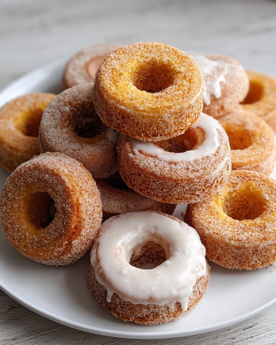 A white plate is filled with a stack of small, golden-brown mini donuts, some covered in a shiny white glaze that drips slightly down the sides, while others are coated in a crumbly cinnamon sugar mixture giving a textured look. The donuts are piled atop one another randomly, showing their soft, slightly porous texture, with the cinnamon sugar layer adding a grainy feel contrasted by the smooth glaze on certain pieces. The whole scene sits against a white marbled surface, focusing closely on the delicious treats. photo taken with an iphone --ar 4:5 --v 7