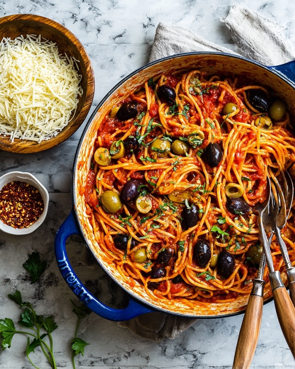 A blue pot filled with one layer of spaghetti tossed in a chunky bright red tomato sauce, mixed with large green and black olives scattered throughout, topped with small fresh green herb leaves. Two silver forks with wooden handles rest on the pot’s edge. Next to the pot is a wooden bowl filled with shredded white cheese and a small white bowl with red pepper flakes, all placed on a white marbled surface. Photo taken with an iphone --ar 4:5 --v 7