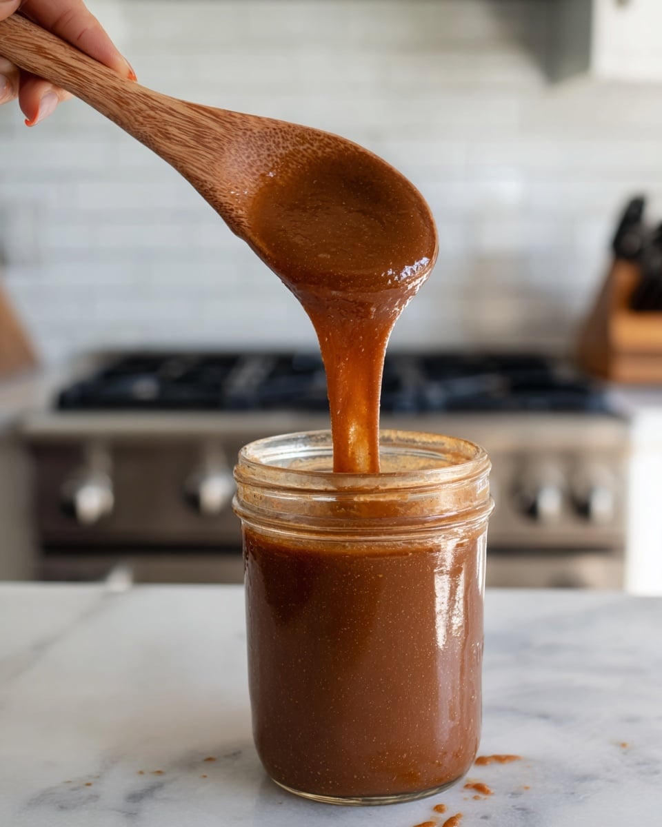 A close-up view of a small clear glass jar filled with thick, dark brown sauce that has a smooth texture with small specks visible throughout. A wooden spoon held by a woman's hand is lifting some of the sauce out of the jar, with the sauce slowly dripping back down, showing its thick and glossy flow. The jar is placed on a white marbled surface with some light dusting of powder nearby, and the background shows a clean white tiled wall with kitchen elements softly blurred. Photo taken with an iphone --ar 4:5 --v 7