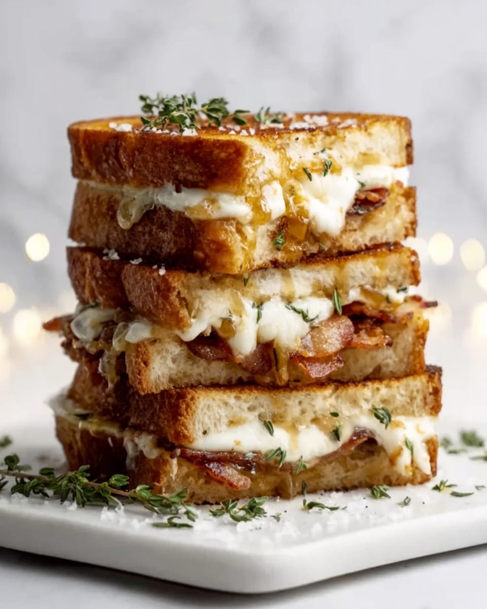 A close-up of a grilled cheese sandwich cut in half and stacked slightly sideways on a white marble surface, showing three thick layers of golden-brown toasted bread with crunchy edges. Between the slices, there are multiple layers of melted white cheese oozing out, with a smooth and creamy texture, and some light herbs sprinkled on top adding a hint of green. The sandwich looks warm and melty with a crispy outside and soft inside. Photo taken with an iphone --ar 4:5 --v 7