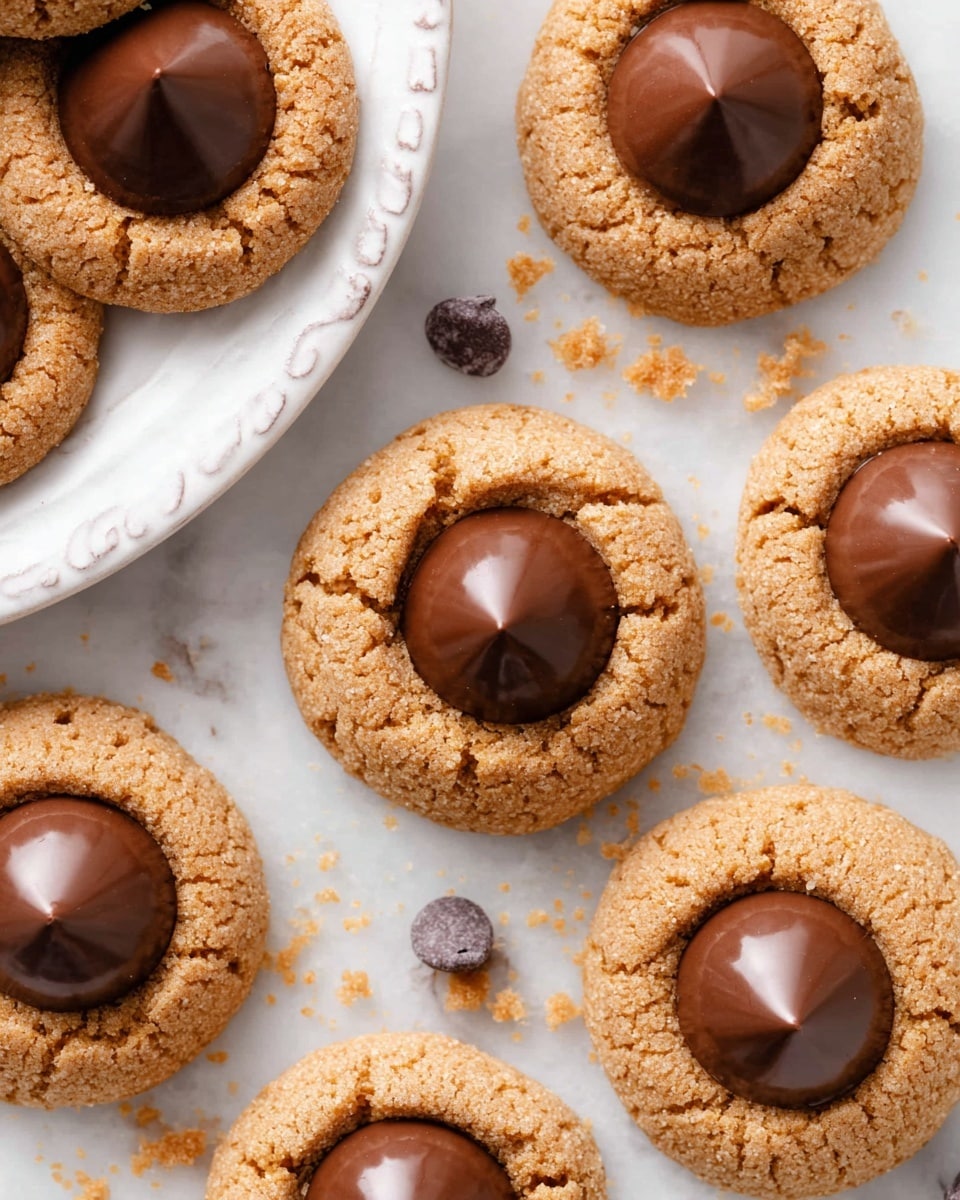 The image shows round thumbprint cookies arranged on a white marbled surface. Each cookie has one visible layer: a rough-textured, golden-brown cookie base with a smooth, shiny dark chocolate drop pressed into the center. The cookies are slightly cracked on the edges, showing a soft and chewy texture. In the top left corner, part of a white plate with more cookies rests on a light patterned cloth. A few chocolate chips lie near the edges of the arrangement, adding detail to the scene. Photo taken with an iphone --ar 4:5 --v 7