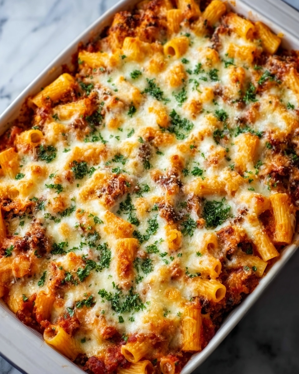 The image shows a close-up of a baked pasta dish in a white baking pan. The pasta is rigatoni, coated in a rich red tomato sauce with visible chunks of tomato and herbs. The top layer is covered with melted creamy cheese that is golden brown in some spots, sprinkled lightly with green chopped parsley for a fresh look. The pasta shapes are tightly packed, showing both smooth and ridged textures. The white marbled surface underneath adds a clean contrast to the warm colors of the dish. Photo taken with an iphone --ar 4:5 --v 7
