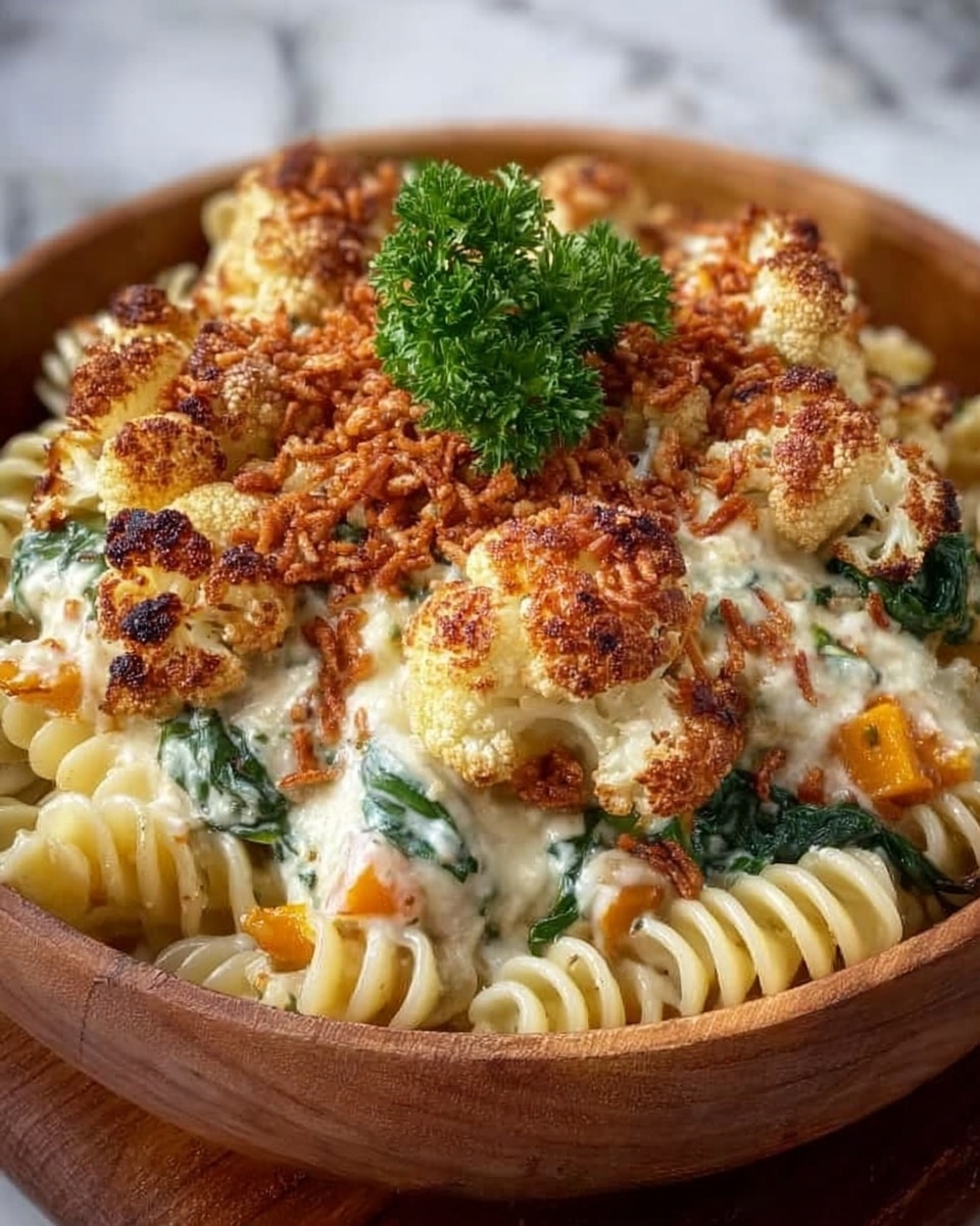 The dish features a wooden bowl filled with a creamy pasta layered with curly noodles at the base, creamy white sauce with green spinach leaves mixed throughout, and small orange squash pieces scattered inside. On the top, there are golden-brown roasted cauliflower florets with crispy browned bits, all sprinkled with a crumbly, crunchy topping that is reddish-brown. A small bunch of fresh green parsley sits in the center as garnish. The bowl is placed on a white marbled surface with a blurred pumpkin in the background. Photo taken with an iphone --ar 4:5 --v 7
