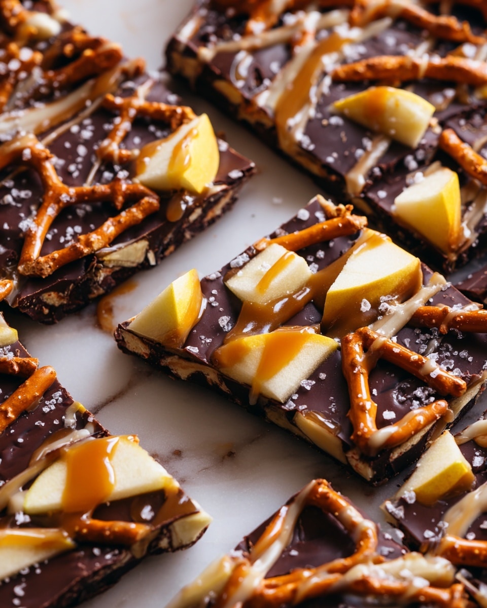 The image shows several pieces of a snack arranged closely on a white marbled surface. Each piece has a dark brown chocolate base with a shiny, slightly rough texture. On top, there are orange pretzels placed in a scattered pattern, creating a crunchy layer. Thin caramel drizzles run across the pieces in light golden brown, giving a glossy, sticky appearance. Small chunks of pale yellow apple pieces are placed on top unevenly, adding a fresh, crisp layer. The overall look is a mix of crunchy pretzels, smooth chocolate, gooey caramel, and juicy apples, with a few pieces of flaked sea salt sprinkled on top to add extra texture photo taken with an iphone --ar 4:5 --v 7