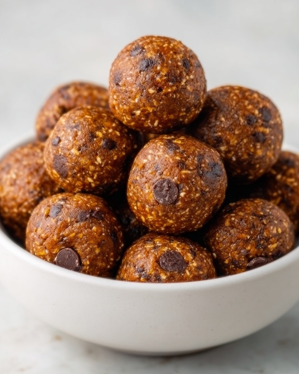 A white bowl filled with round, bite-sized energy balls that have a rich brown color, speckled with darker chocolate chips scattered on the surface. The texture looks dense and slightly crumbly, with visible flecks of oats and nuts. The balls are piled high, some stacked on top of each other, showing a rough but uniform shape. The background is a white marbled texture. photo taken with an iphone --ar 4:5 --v 7