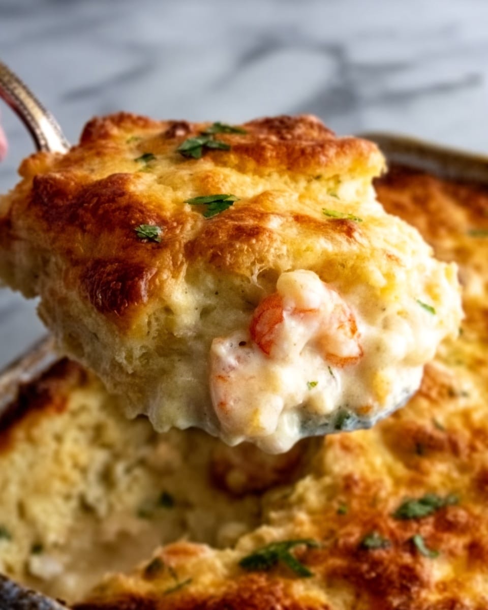 A close-up of a baked dish showing multiple layers: a crispy golden-brown top layer with melted cheese spots, beneath which is a creamy layer mixed with chunks of pink shrimp and small green herbs. The texture looks soft and gooey inside with some browned edges. The dish is viewed from above, with a silver spoon partially scooping out the filling, held by a woman's hand. The background is a white marbled surface. photo taken with an iphone --ar 4:5 --v 7