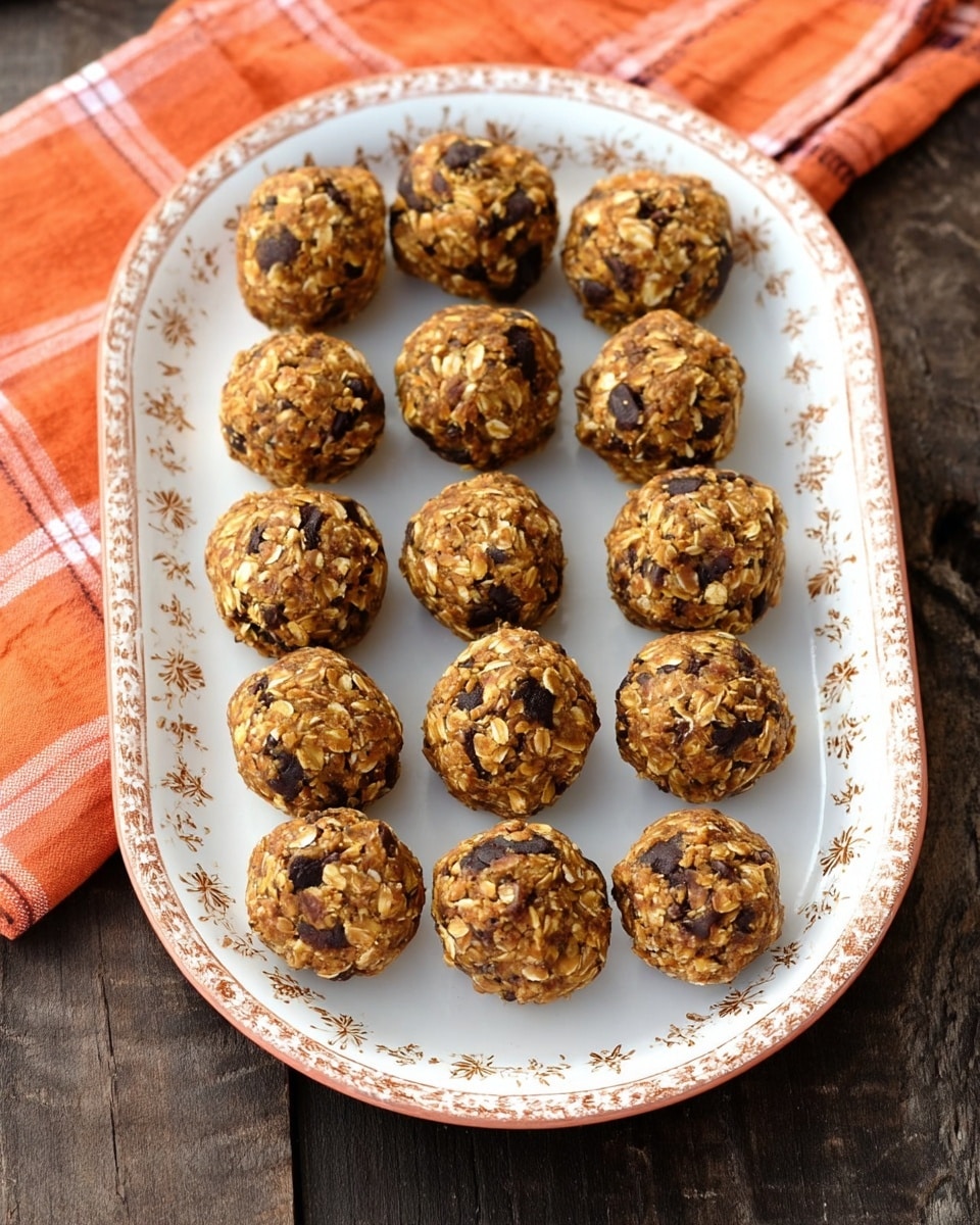 The image shows sixteen round energy bites arranged evenly in four rows on a white ceramic tray with a delicate floral pattern along its edge. Each bite has a rough texture with visible oats and dark chocolate chunks embedded throughout, giving them a mix of brown and dark spots. The tray is placed on a dark wooden surface next to an orange and white checkered cloth, all against a white marbled texture background. photo taken with an iphone --ar 4:5 --v 7