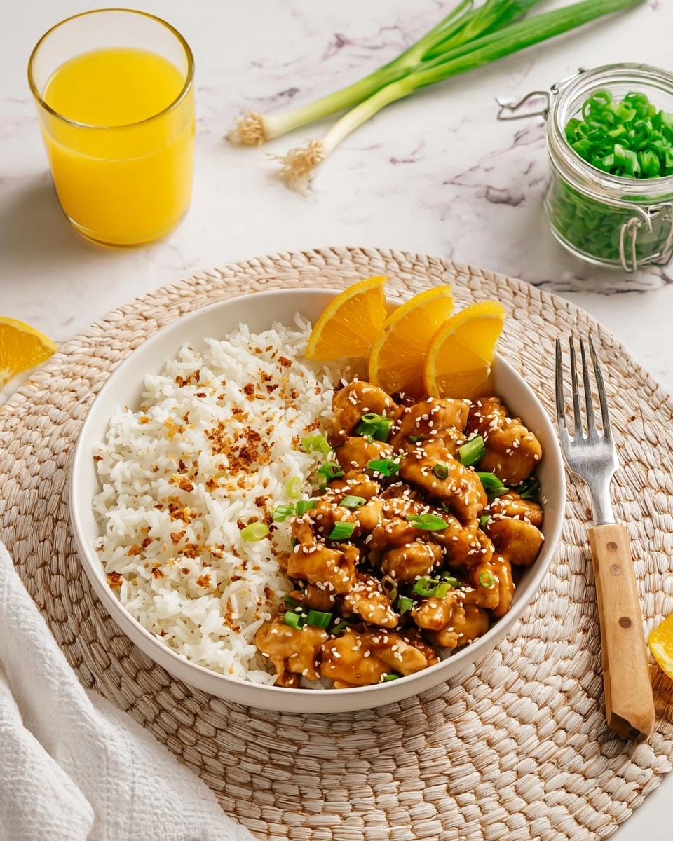 A white shallow bowl contains two main layers: on the right, a fluffy layer of white rice sprinkled lightly with red pepper flakes, and on the left, a glossy layer of orange chicken pieces coated in a shiny sauce with sesame seeds scattered on top. Two orange slices rest near the center, touching the chicken and rice, while chopped green onions are sprinkled over the chicken. The bowl sits on a woven light tan placemat over a white marbled surface. To the left, there is a glass filled with orange juice, and to the right, a fork with a wooden handle lies next to a small glass cup filled with more chopped green onions. photo taken with an iphone --ar 4:5 --v 7