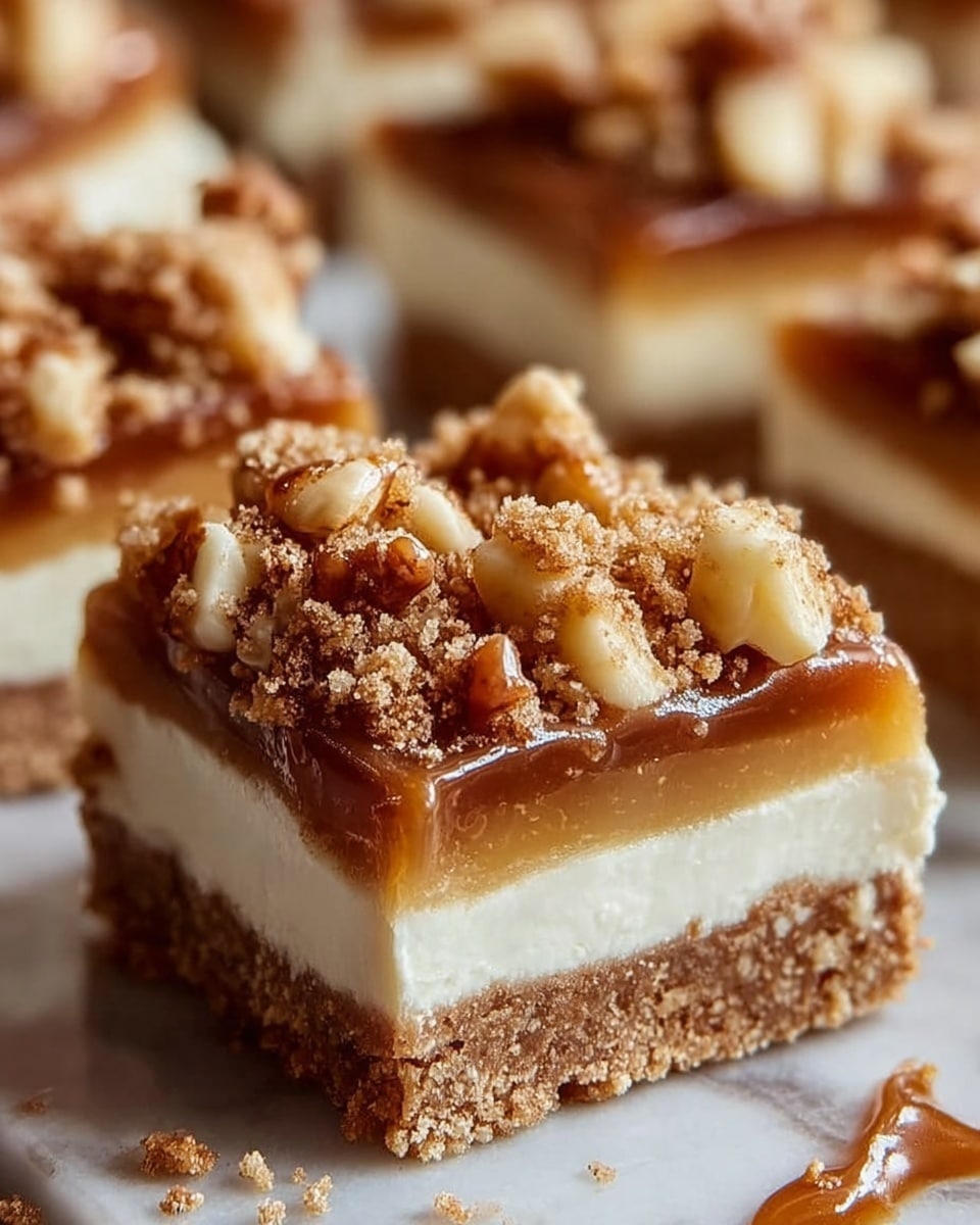 The image shows a piece of dessert with four visible layers on a white marbled surface. The bottom layer is a firm, crumbly crust with a golden-brown color, followed by a thick light brown caramel layer above it. Above the caramel is a creamy white layer that looks smooth and soft. The top layer features amber caramel sauce dripping slightly on the sides, with chunky light yellow nuts and particles of darker brown crumbles scattered over it. The background also has blurred pieces of the same dessert. Photo taken with an iphone --ar 4:5 --v 7