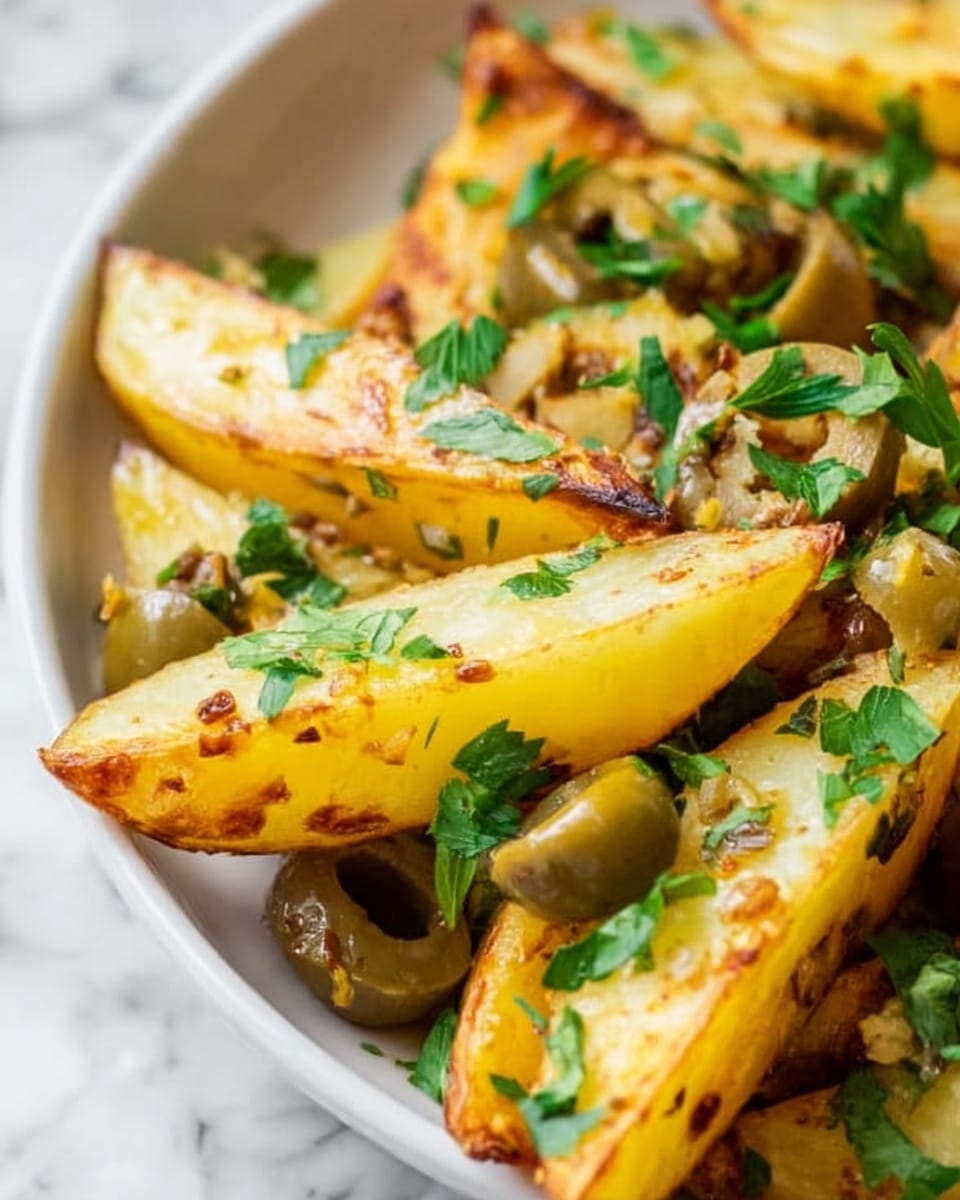 The image shows a close-up of golden-yellow potato wedges with a slightly crispy texture, mixed with small pieces of green and black olives, and topped with fresh bright green parsley leaves scattered on top. The potatoes and olives are arranged in a white bowl, set on a white marbled surface. The colors are warm and fresh, with the green parsley adding a pop of brightness. photo taken with an iphone --ar 4:5 --v 7