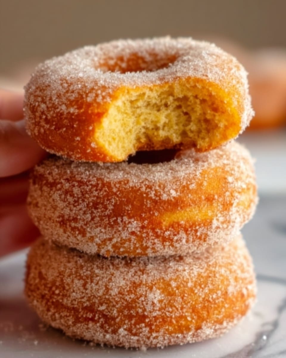 The image shows three sugar-coated donuts stacked on top of each other, with the top donut having a bite taken out, revealing a soft, golden-yellow inside. The donuts have a rough sugar texture on the outside, giving them a slightly grainy look. The background is a white marbled texture that highlights the warm tones of the donuts. photo taken with an iphone --ar 4:5 --v 7