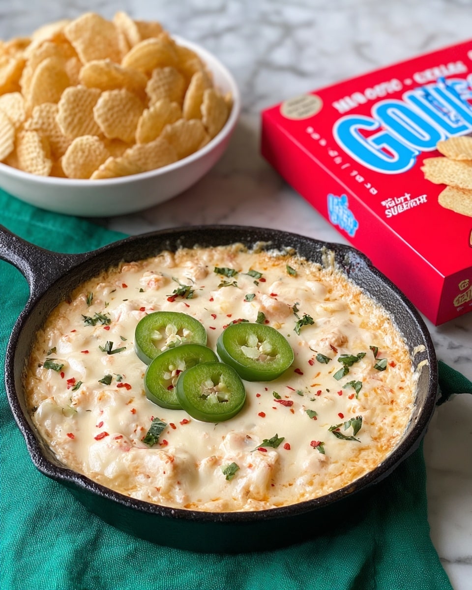 The image shows a baked dip served in a black cast iron skillet with a creamy, bubbly white cheese layer on top, sprinkled with red chili flakes and small green herb pieces. Three fresh green jalapeño slices lie on top near the center. Above the skillet is a white bowl full of light tan, crispy chip snacks. To the right is a bright pink package with blue and white text. The background has a white marbled texture with parts of a green cloth and wooden surface visible. photo taken with an iphone --ar 4:5 --v 7