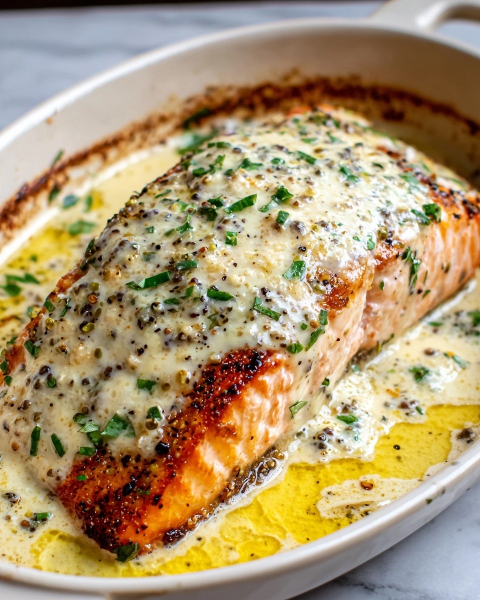 A piece of grilled salmon fillet sits in a white oval dish on a white marbled surface. The salmon is cooked to a light orange-pink color with slightly charred edges. On top, there is a thick layer of creamy white sauce sprinkled with black pepper and small green parsley leaves. The texture of the sauce looks smooth and rich, covering most of the salmon except some edges. The dish has small yellow oil droplets around the fish, adding shine and a bit of color contrast. photo taken with an iphone --ar 4:5 --v 7