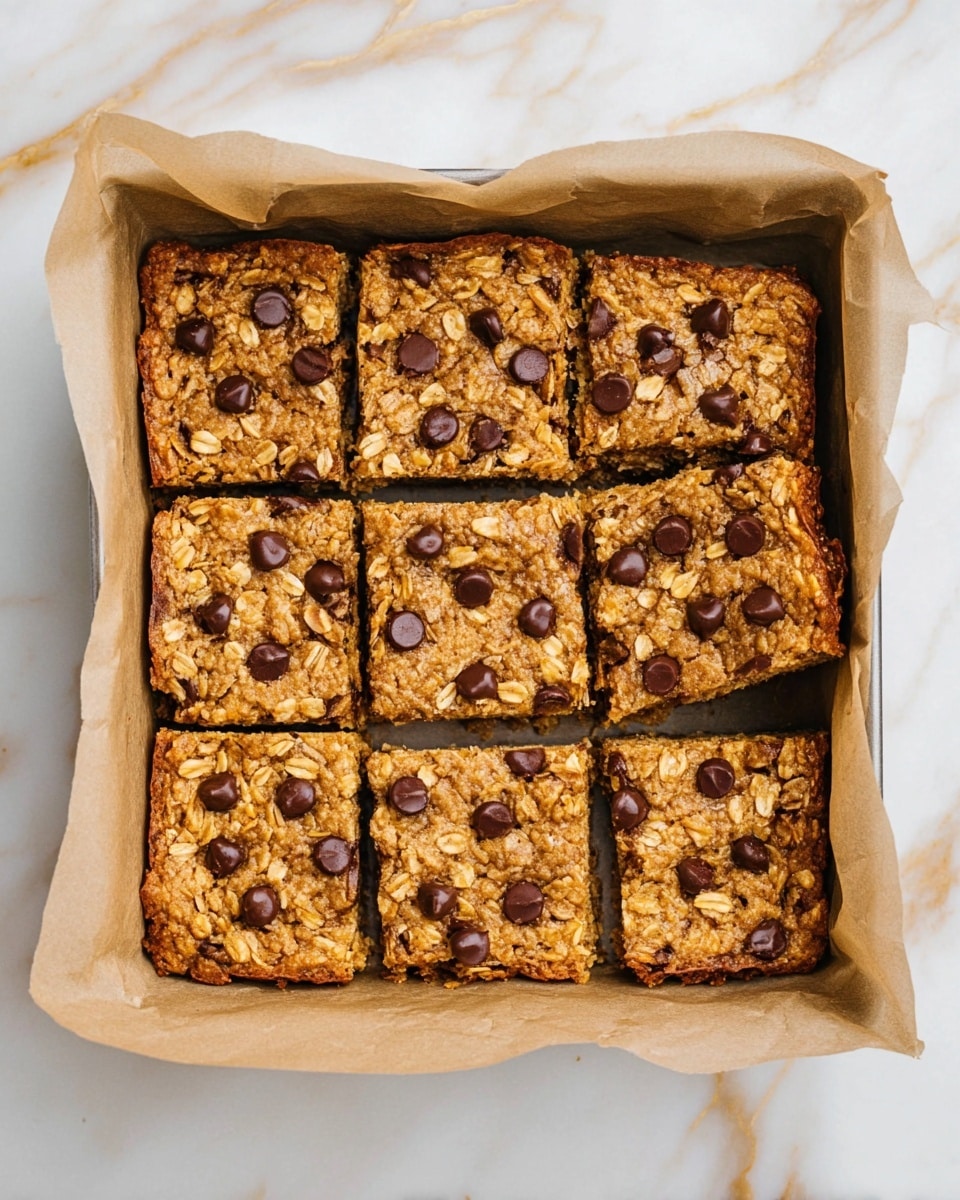 A square baking pan lined with white parchment paper holds nine oatmeal chocolate chip squares, with three squares slightly pulled away on the right side. Each square shows a light brown, soft textured base with visible oats and several large, dark brown chocolate chips scattered evenly on the top, creating a contrast in color and texture. The surface is slightly puffed and uneven, suggesting a chewy and moist interior. The pan rests on a white marbled texture with gold streaks. photo taken with an iphone --ar 4:5 --v 7