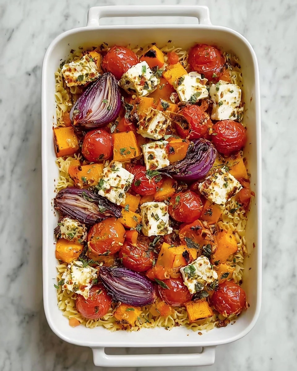 The dish is a baked casserole presented in a white rectangular dish with handles, placed on a white marbled surface. The base layer consists of golden-brown orzo pasta cooked with herbs, slightly browned at the edges. On top of the orzo are scattered bright orange roasted butternut squash cubes, deep red roasted cherry tomatoes still on the vine, and thick slices of roasted purple-red onion with caramelized edges. There are also golden-brown grilled cubes of halloumi cheese, some with light grill marks. The entire dish is sprinkled with finely chopped green herbs, adding a fresh touch to the warm colors. photo taken with an iphone --ar 4:5 --v 7