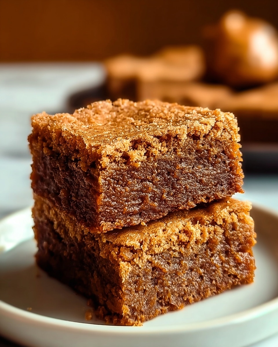 The image shows two square pieces of golden brown blondies stacked on top of each other on a white plate. The top piece has a slightly crisp, shiny crust with a soft and dense interior that looks moist and chewy. The edges of the blondies are slightly crumbly with small crumbs scattered on the plate. The background is a soft focus with more blondie pieces and a white marbled texture. The overall look is warm and inviting. photo taken with an iphone --ar 4:5 --v 7