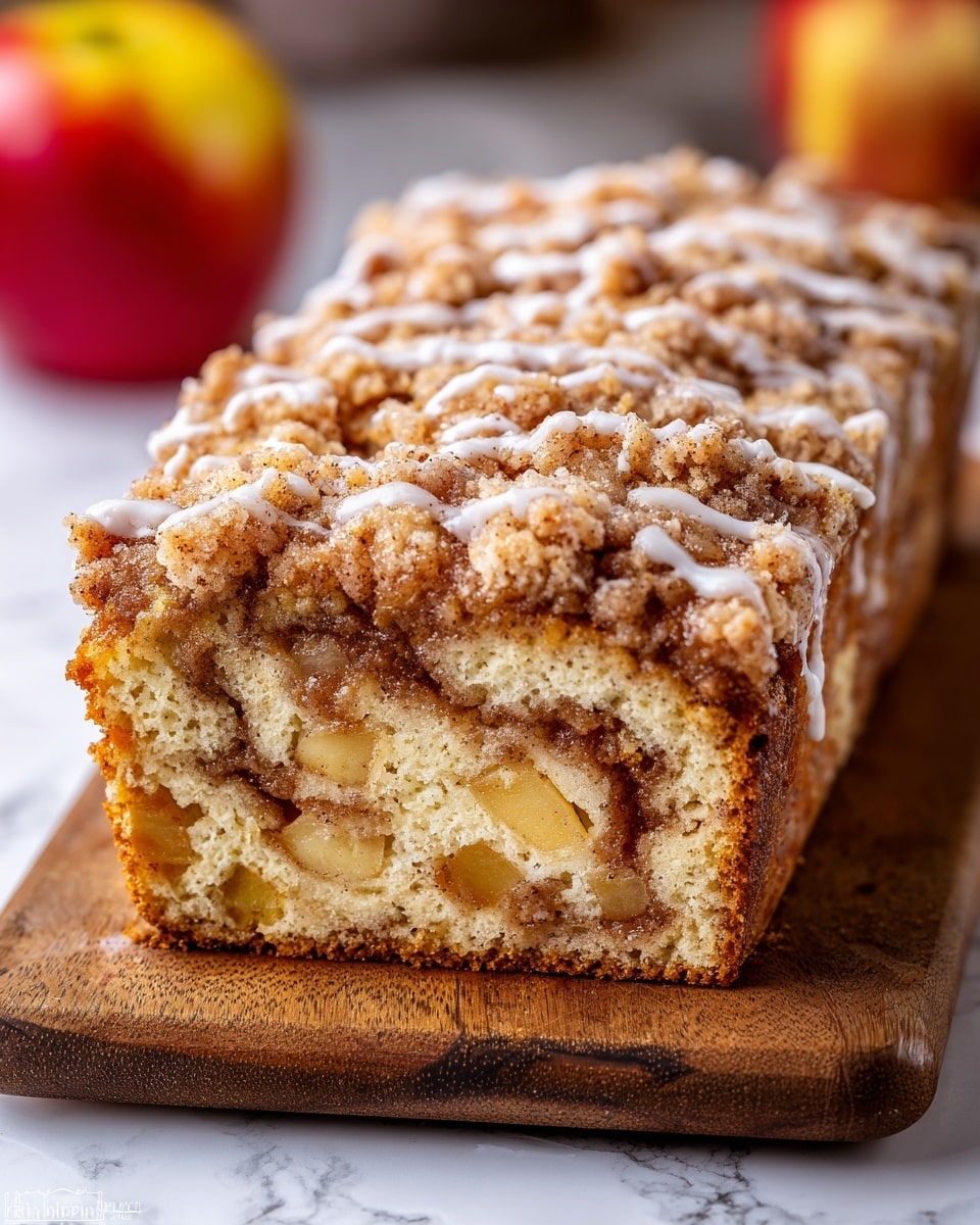 The image shows a loaf of apple crumb cake with three visible layers: the base is a light beige, soft cake mixed with chunks of cooked apple pieces in pale yellow and light brown; above the cake layer is a swirl of cinnamon-colored apple filling creating a marbled effect; the top layer is a thick crumb crust, golden brown with visible cinnamon sugar specks and a drizzle of white icing spreading unevenly across the crumb topping. The loaf is placed on a wooden board with an out-of-focus red and yellow apple in the background, all set on a white marbled surface. photo taken with an iphone --ar 4:5 --v 7