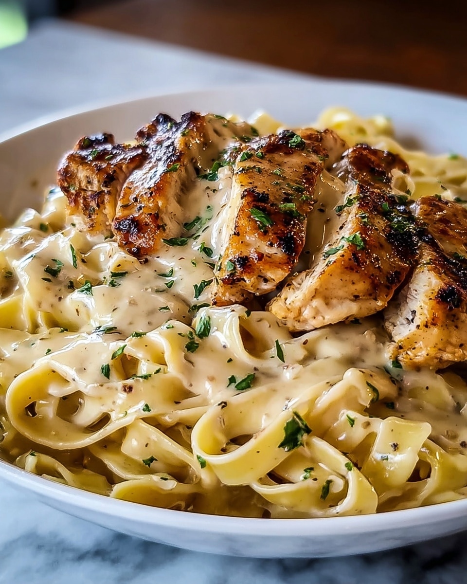 A white plate filled with three layers: the base layer is light yellow fettuccine pasta with a creamy texture covered in a smooth sauce; the middle layer has grilled chicken pieces with a golden brown sear showing juicy white meat inside; the top layer is a light cream sauce drizzled over the chicken and pasta, sprinkled with small green herb flakes for color contrast, all set on a white marbled surface. photo taken with an iphone --ar 4:5 --v 7