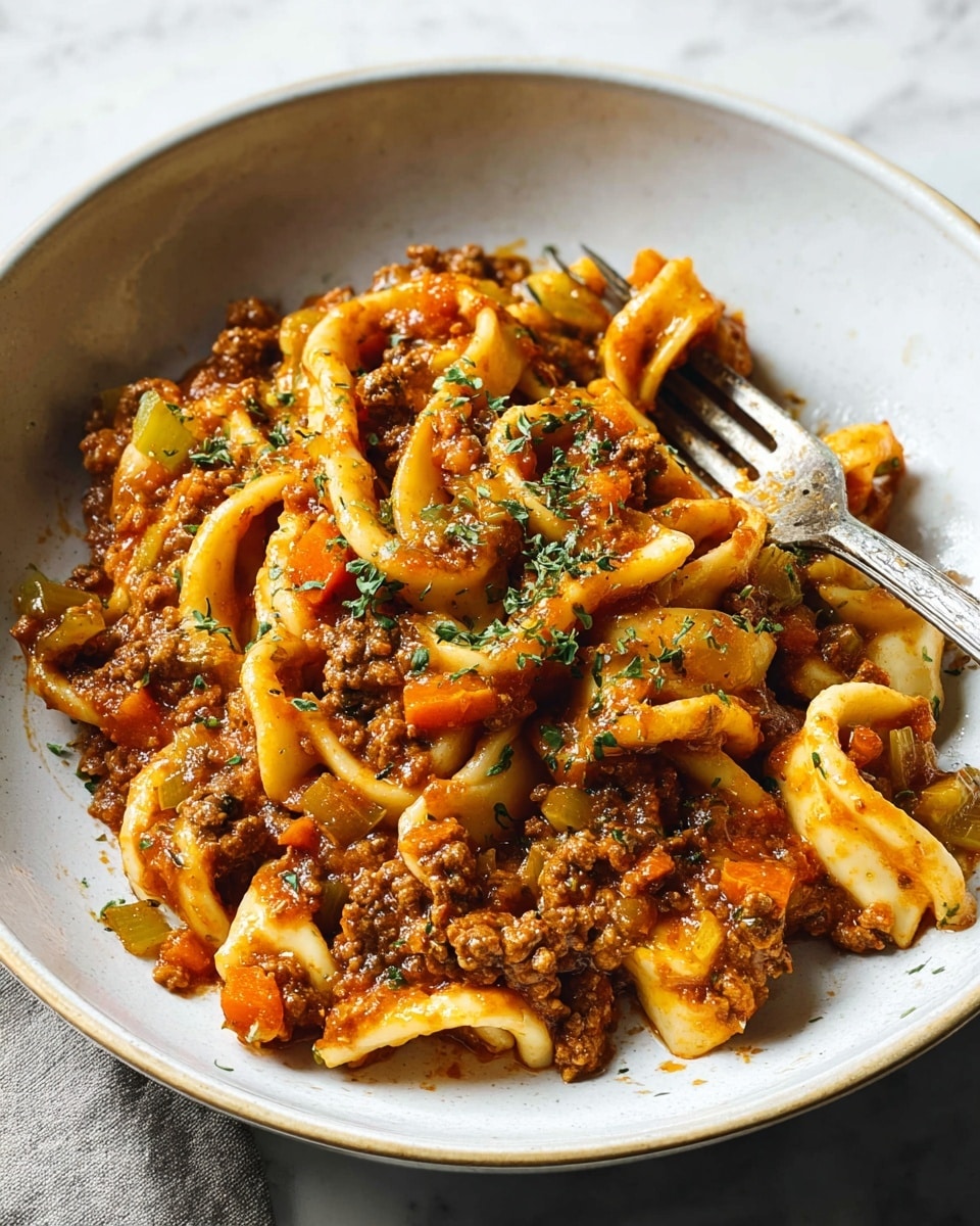 A white bowl filled with a hearty pasta dish, featuring thick, curved pasta pieces in a rich, reddish-brown meat sauce. The sauce contains small chunks of browned ground meat, diced orange carrots, and small green herbs sprinkled throughout. The pasta is coated evenly with the sauce, giving it a glossy texture. A metal fork rests inside the bowl on the right side, slightly lifting some pasta. The bowl sits on a rustic wooden surface replaced with a white marbled texture. Photo taken with an iphone --ar 4:5 --v 7
