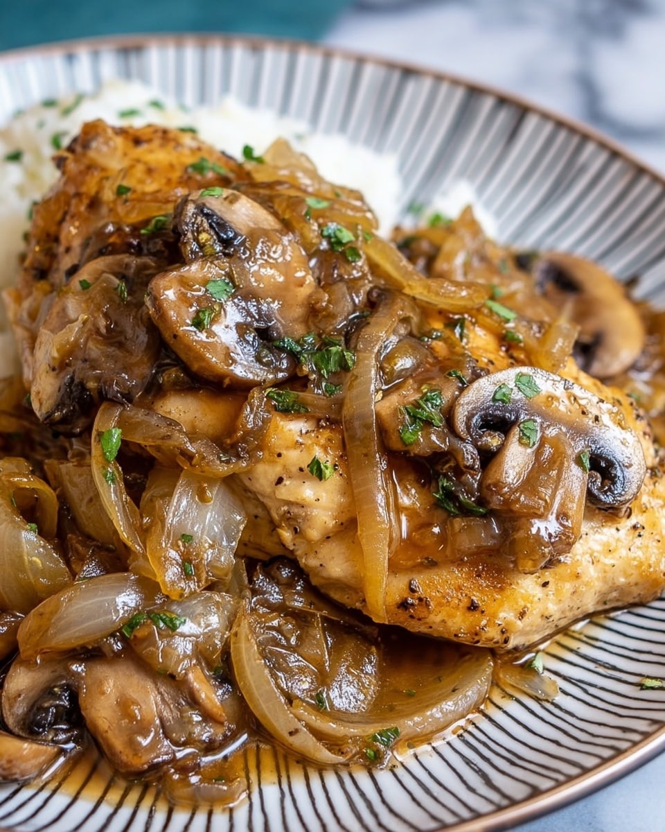 The image shows a close-up of a cooked chicken breast topped with a layer of sautéed mushrooms and caramelized onions. The chicken is golden brown with a slightly crisp texture. On top, there are thinly sliced mushrooms with a glossy, browned look and soft, translucent cooked onion rings. Small bits of green herbs are sprinkled over the dish for color. The food is placed on a white plate with a blue striped pattern, all set against a white marbled surface. Photo taken with an iphone --ar 4:5 --v 7