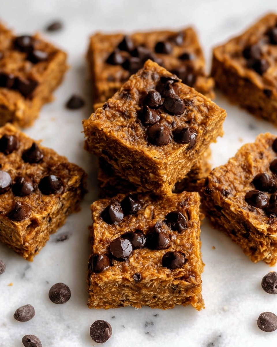 The image shows several square-shaped oatmeal bars with chocolate chips on top, arranged closely on a white marbled surface. Each bar has a thick single layer composed of a textured, golden-brown oatmeal base studded with dark brown chocolate chips that create a shiny contrast. The surface of the bars looks soft yet slightly crumbly with small oat flakes visible throughout. Some crumbs are scattered around the bars, adding a rustic feel to the arrangement. photo taken with an iphone --ar 4:5 --v 7