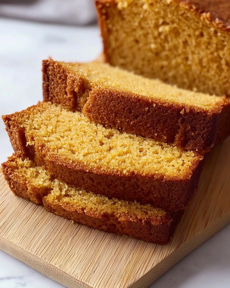 A close-up view of three slices of moist, golden-brown cake with a slightly crumbly texture, stacked slightly overlapping on a light wooden cutting board. The cake has a soft, fine crumb with a darker brown crust around the edges. The light wooden board rests on a white marbled surface. The photo taken with an iphone --ar 4:5 --v 7